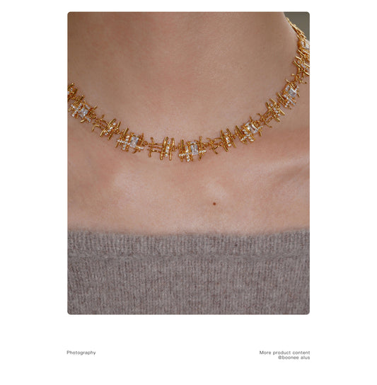 Women’s Textured Woven Metal Cubic Zirconia Choker Necklace, Luxury Sparkling Rectangular Zircon Collar Jewelry for Wedding & Party Gift LUNA-X241