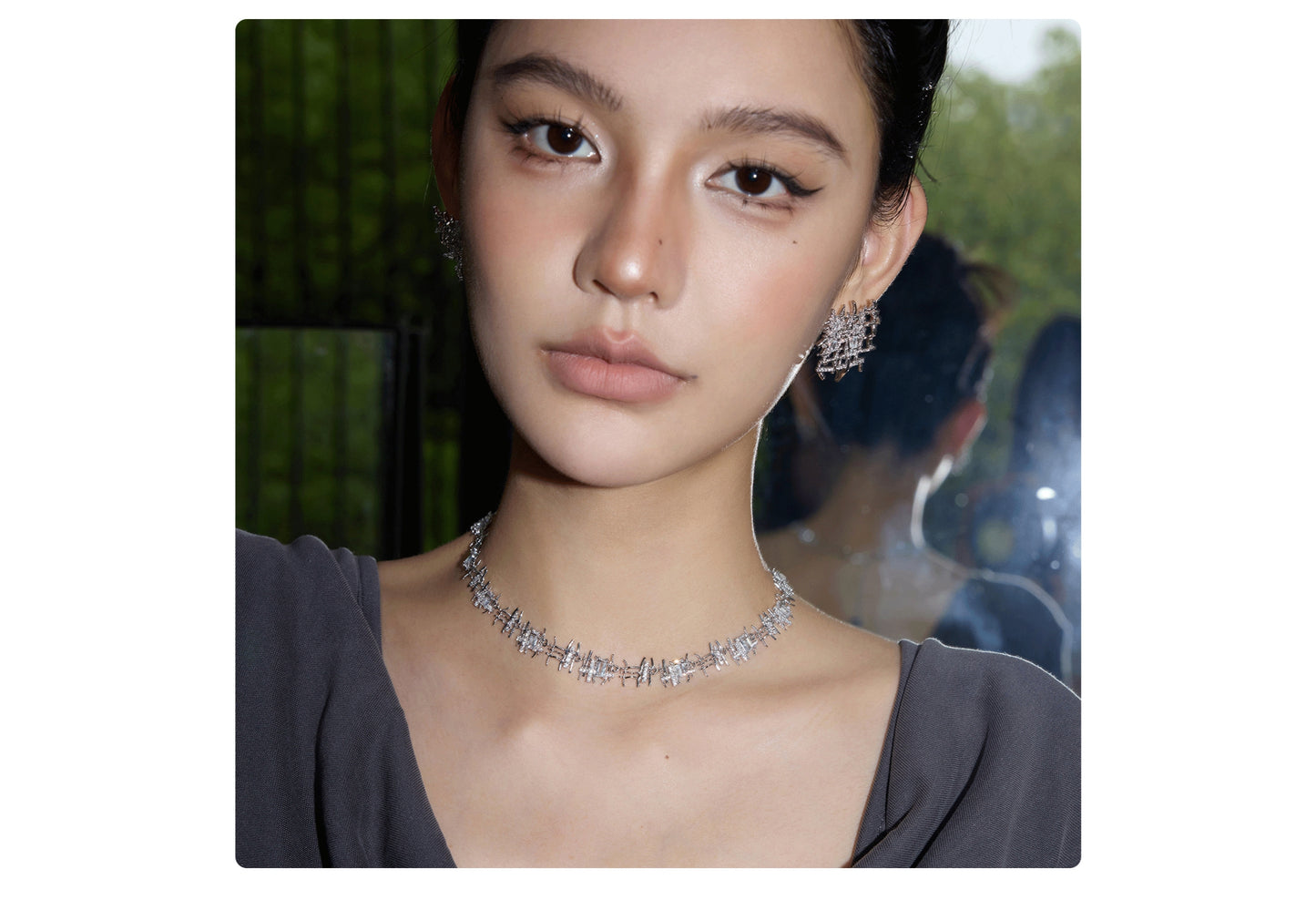 Textured Woven Metal Cubic Zirconia Choker Necklace for Women Luxury Sparkly Rectangular Zircon Collar Wedding Party Jewelry Gift  LUNA-X241