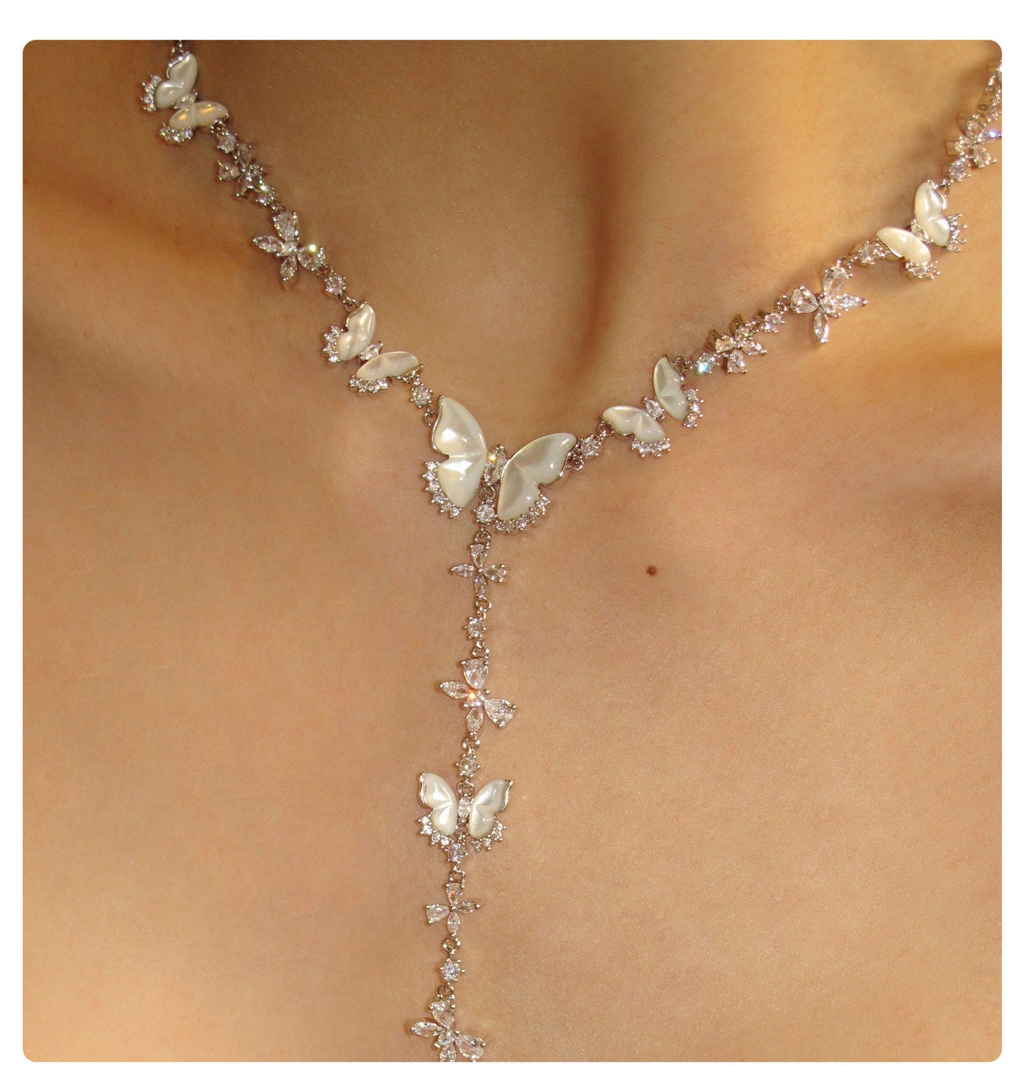 Dainty White Shell Butterfly Y-Drop Tassel Necklace for Women, Shiny Cubic Zirconia Inlaid Adjustable 50+10cm Extension Chain Silver Tone Elegant Wedding Bridal Evening Party Fine Jewelry Gift   LUNA-X297