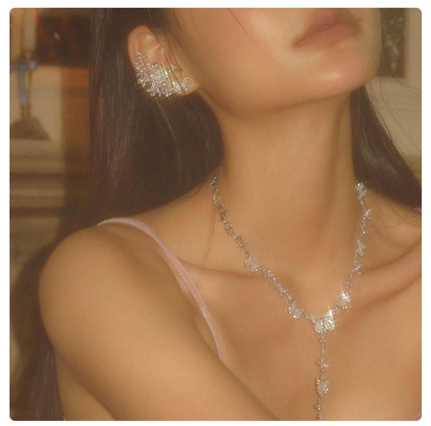 Dainty White Shell Butterfly Y-Drop Tassel Necklace for Women, Shiny Cubic Zirconia Inlaid Adjustable 50+10cm Extension Chain Silver Tone Elegant Wedding Bridal Evening Party Fine Jewelry Gift   LUNA-X297