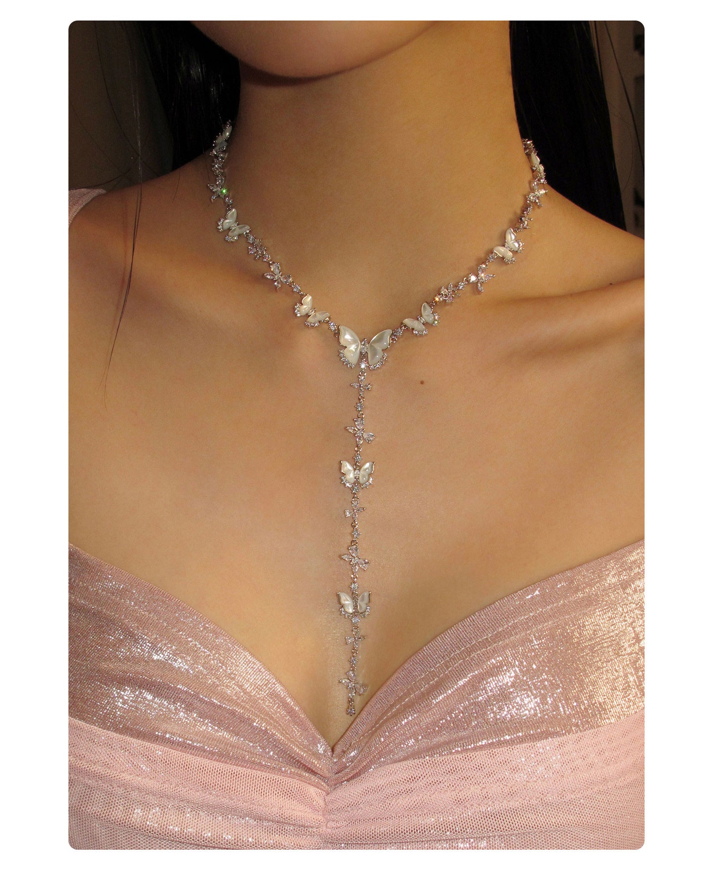 Dainty White Shell Butterfly Y-Drop Tassel Necklace for Women, Shiny Cubic Zirconia Inlaid Adjustable 50+10cm Extension Chain Silver Tone Elegant Wedding Bridal Evening Party Fine Jewelry Gift   LUNA-X297