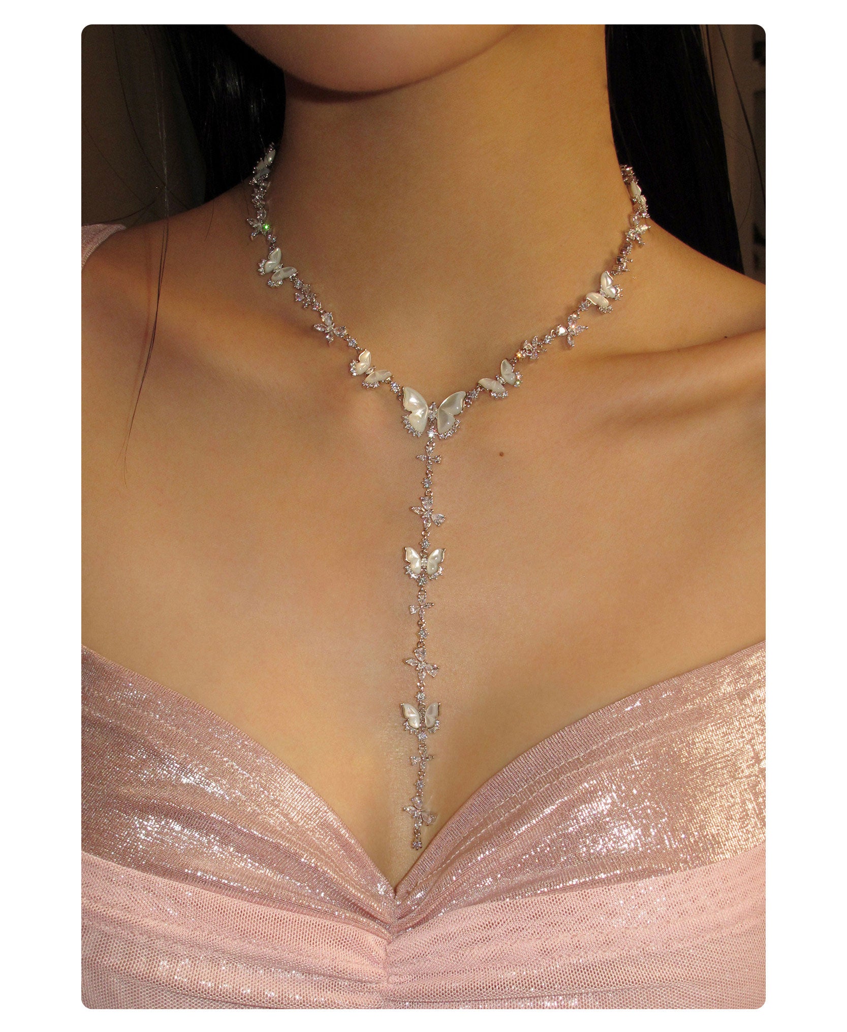 Dainty White Shell Butterfly Y-Drop Tassel Necklace for Women, Shiny Cubic Zirconia Inlaid Adjustable 50+10cm Extension Chain Silver Tone Elegant Wedding Bridal Evening Party Fine Jewelry Gift   LUNA-X297