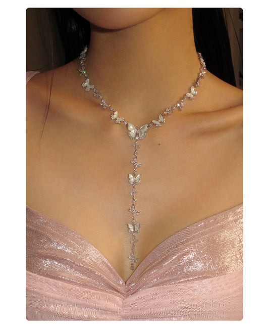 Dainty White Shell Butterfly Y-Drop Tassel Necklace for Women, Shiny Cubic Zirconia Inlaid Adjustable 50+10cm Extension Chain Silver Tone Elegant Wedding Bridal Evening Party Fine Jewelry Gift   LUNA-X297