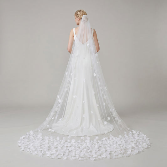 Grand Cathedral Wedding Veil - 138 Extra Long & Wide Tulle with Majestic Royal Lace Appliques and Secure Metal Comb  LUNA-X03