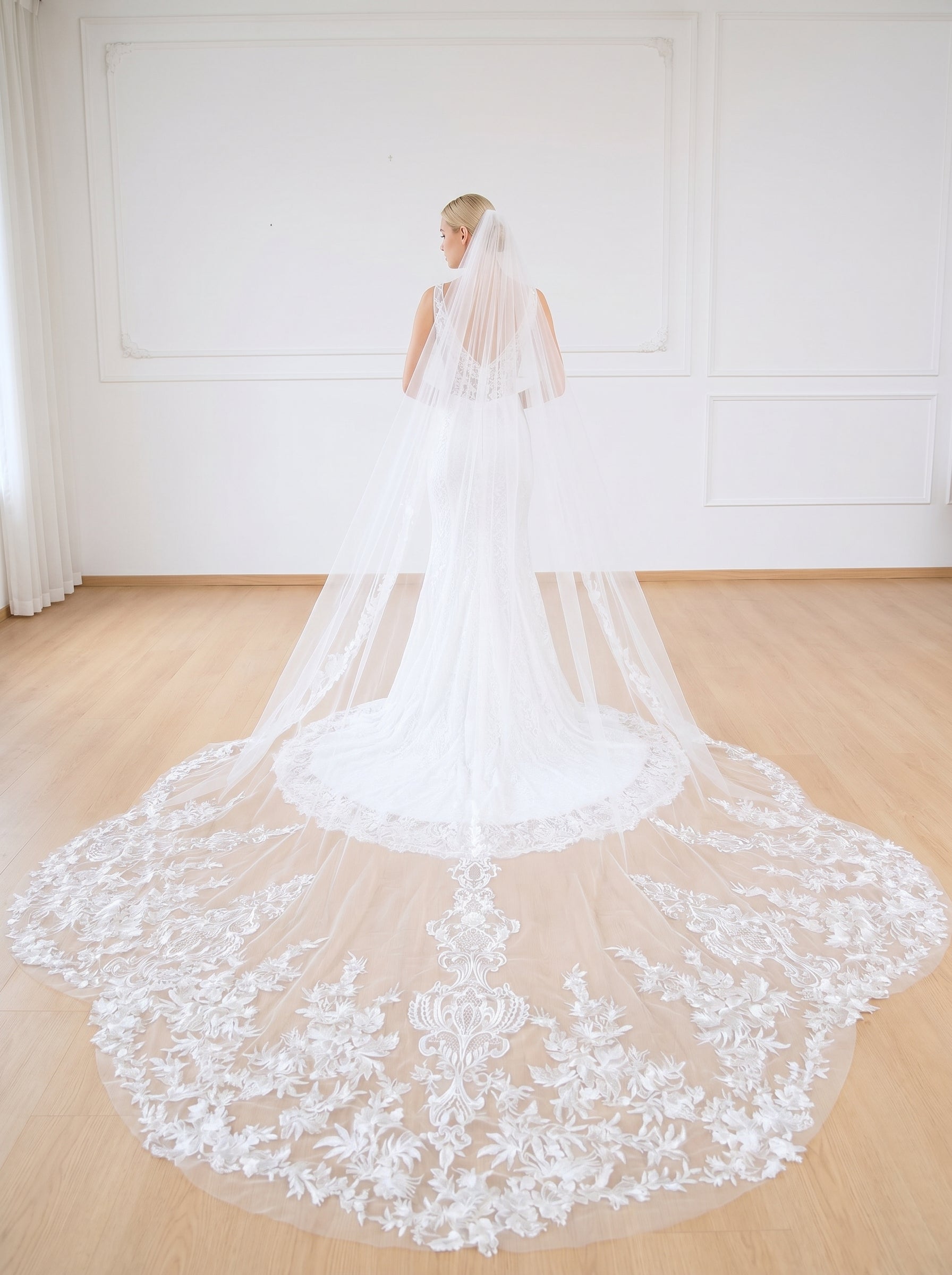 Grand Cathedral Wedding Veil - 138 Extravagant Royal Tulle with Gorgeous Heavy Lace Appliques and Secure Metal Comb  LUNA-X07