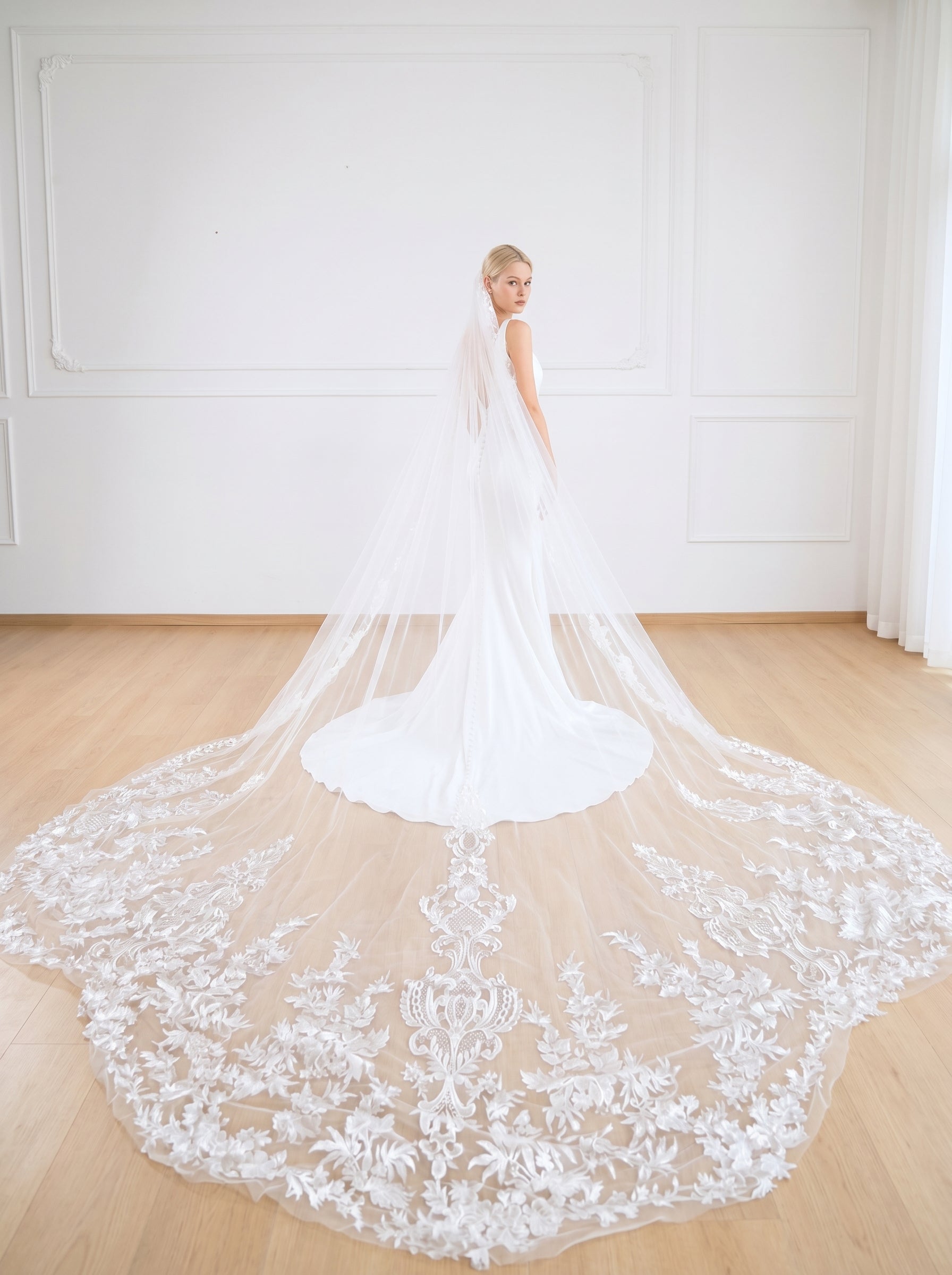 Grand Cathedral Wedding Veil - 138 Extravagant Royal Tulle with Gorgeous Heavy Lace Appliques and Secure Metal Comb  LUNA-X07