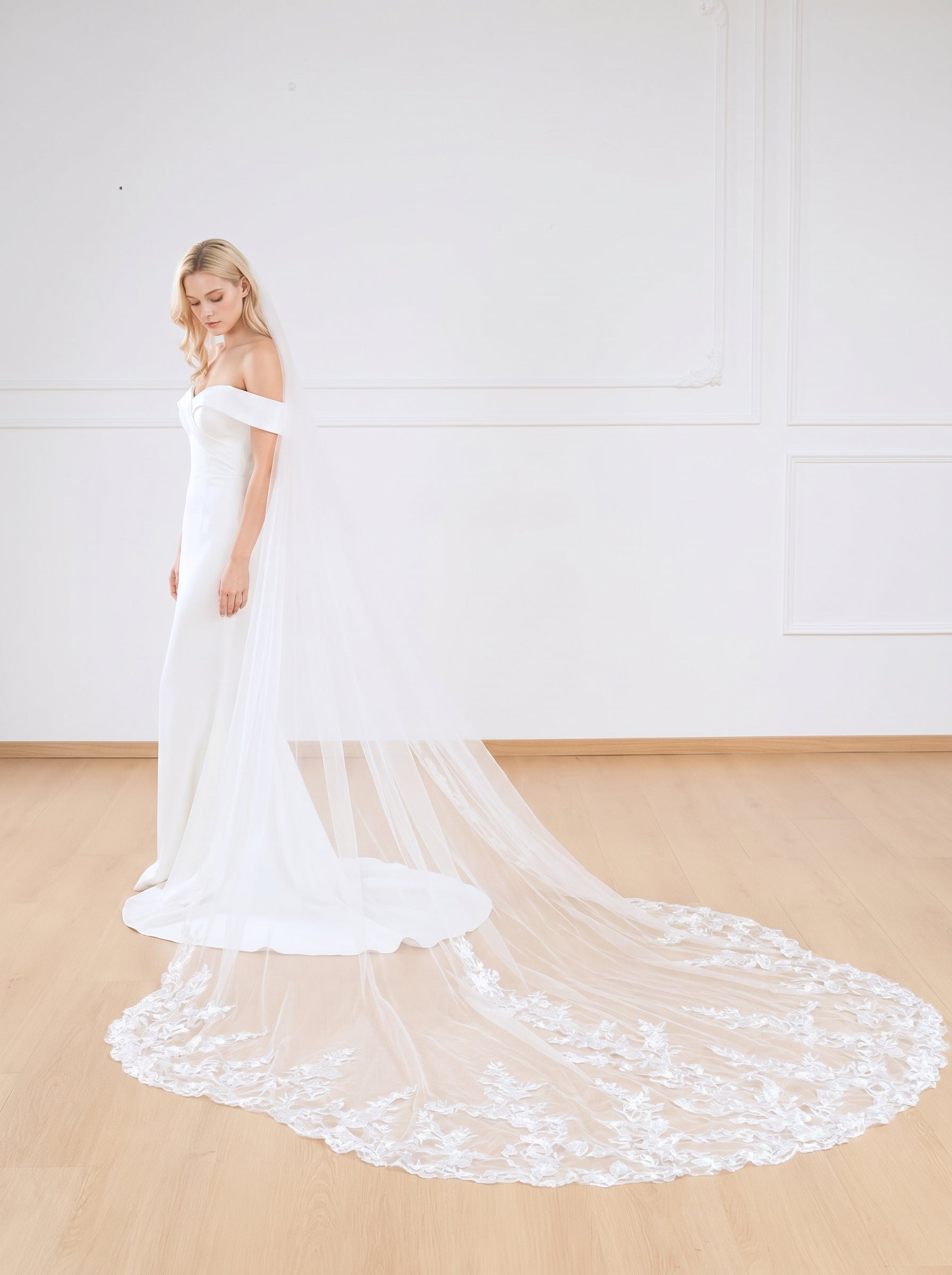 Grand Cathedral Wedding Veil - 138 Extravagant Royal Tulle with Gorgeous Heavy Lace Appliques and Secure Metal Comb  LUNA-X07