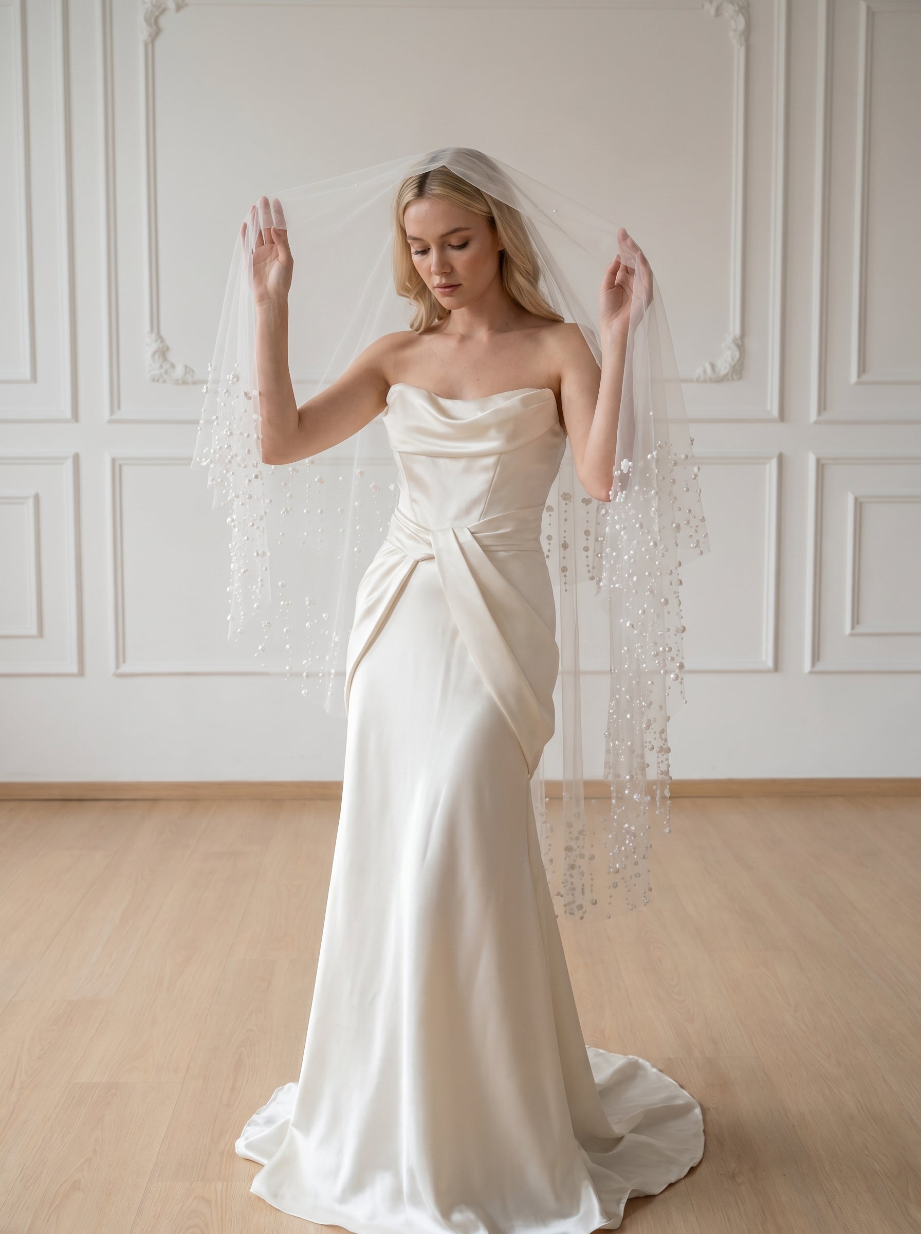 Minimalist Wide Fingertip Wedding Veil - 60 White Drop Veil, No Comb for Custom Blusher or Hairpiece Styling  LUNA-X09
