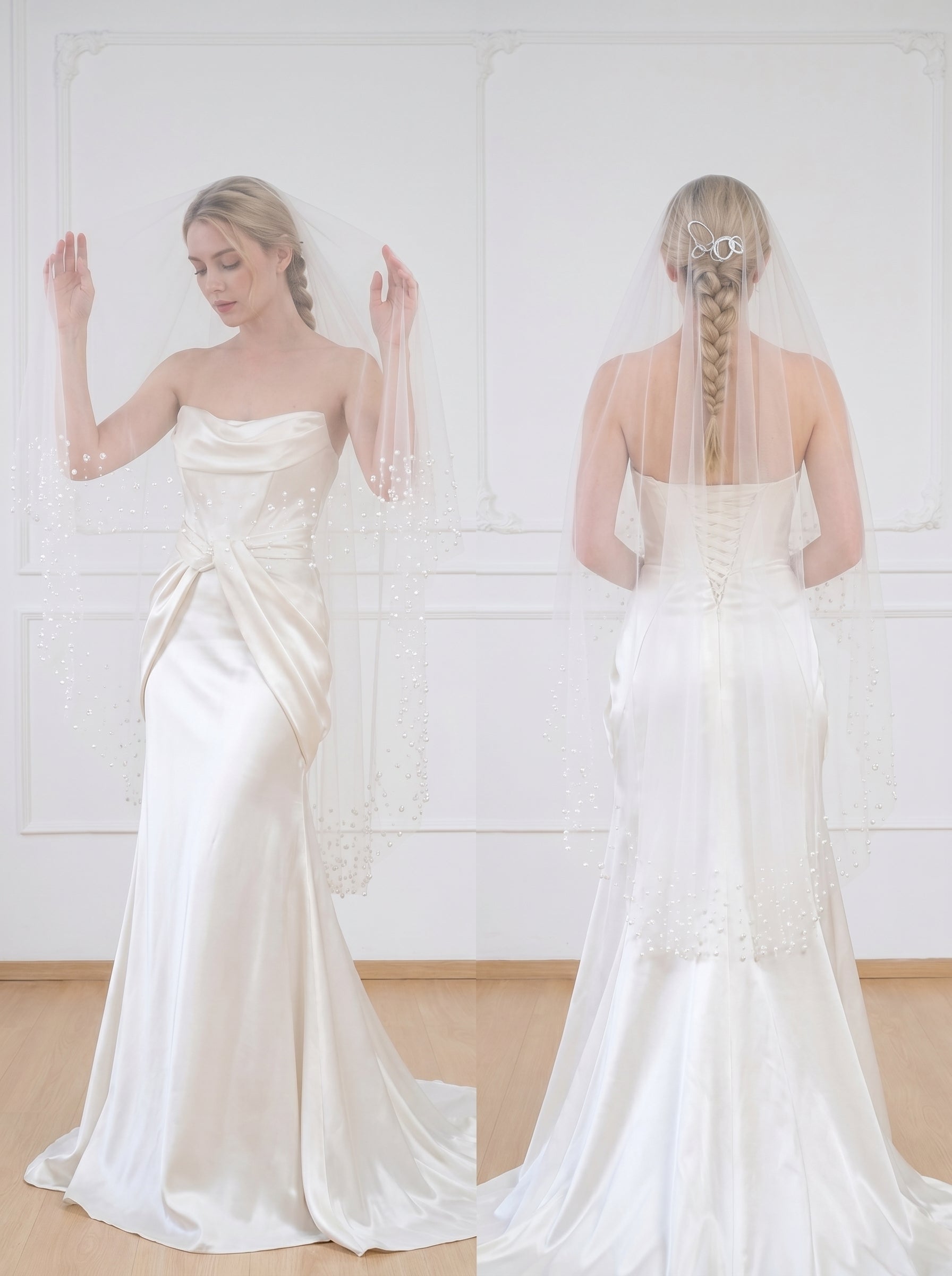 Minimalist Wide Fingertip Wedding Veil - 60 White Drop Veil, No Comb for Custom Blusher or Hairpiece Styling  LUNA-X09