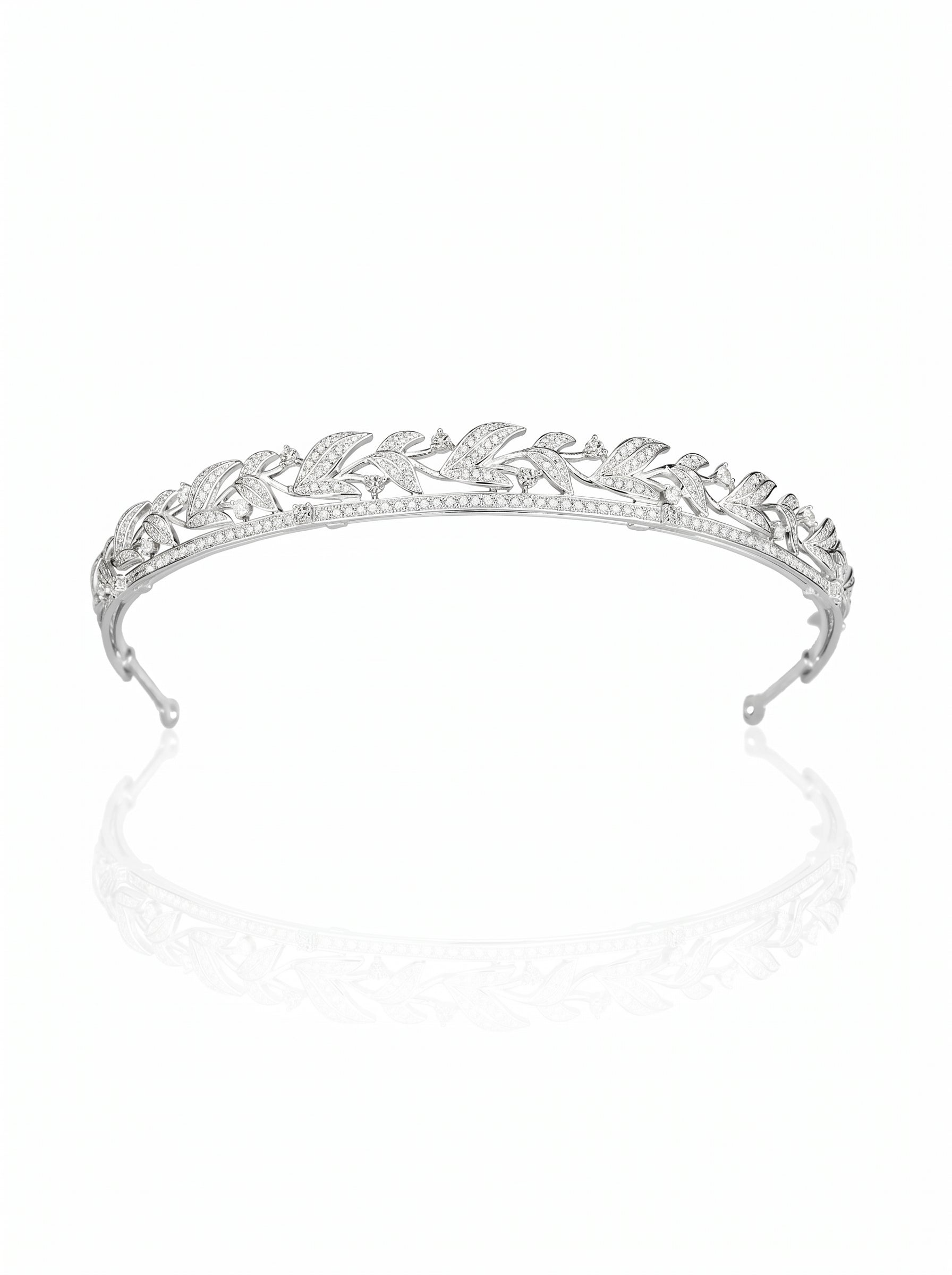 Luxury Cubic Zirconia Laurel Leaf Bridal Tiara Elegant White Gold Plated Wedding Headband | Premium CZ Marquee Hair Band for Brides | LUNA-X111