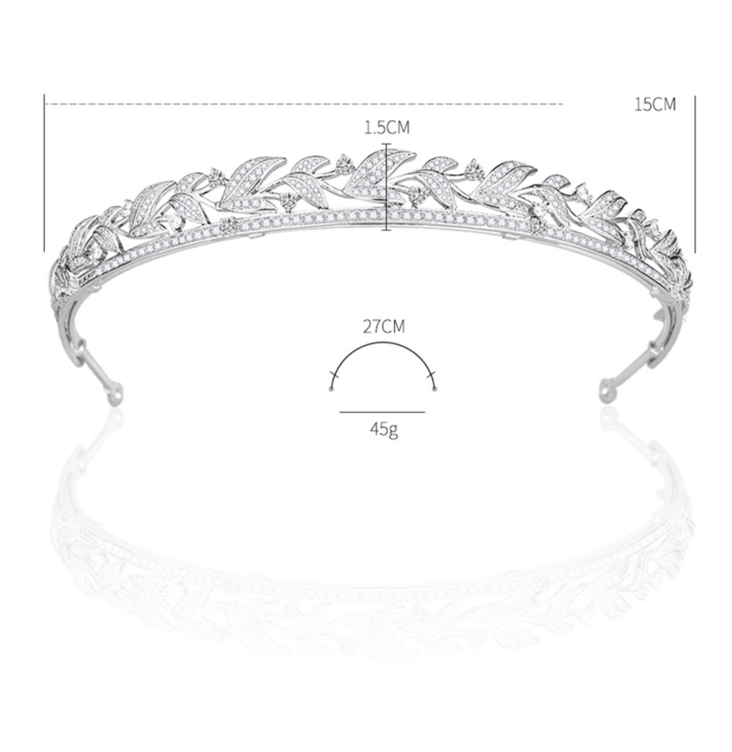 Luxury Cubic Zirconia Laurel Leaf Bridal Tiara Elegant White Gold Plated Wedding Headband | Premium CZ Marquee Hair Band for Brides | LUNA-X111