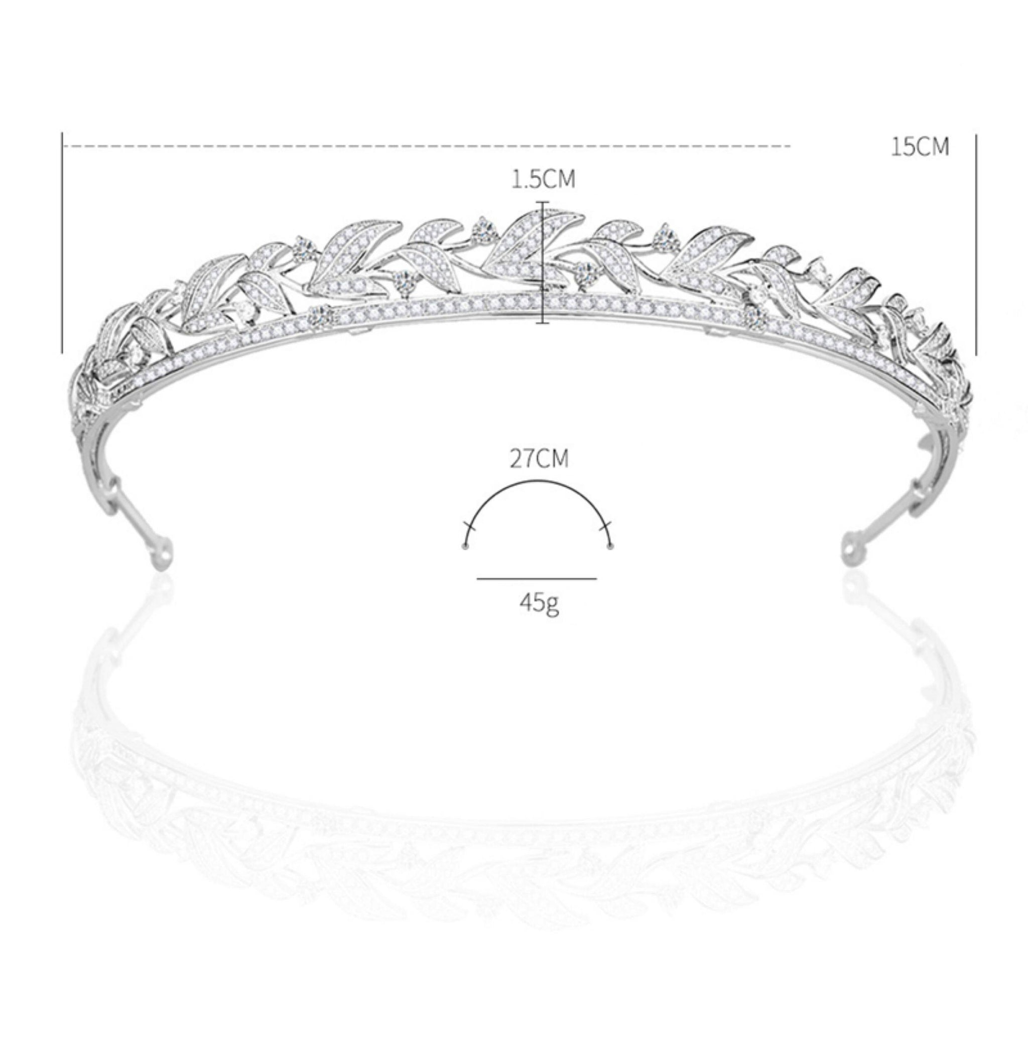 Luxury Cubic Zirconia Laurel Leaf Bridal Tiara Elegant White Gold Plated Wedding Headband | Premium CZ Marquee Hair Band for Brides | LUNA-X111