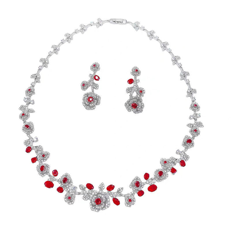 Luxury Rose Floral Bridal Jewelry Set Elegant Statement Necklace & Drop Earrings Duo | LUNA-X123