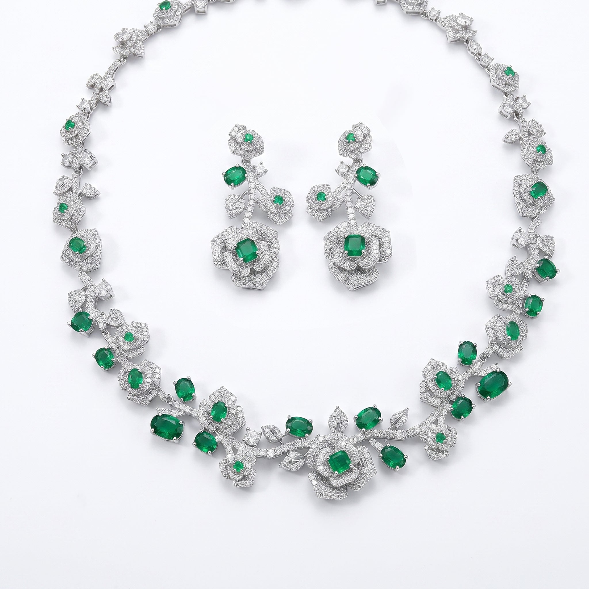 Luxury Rose Floral Bridal Jewelry Set Elegant Statement Necklace & Drop Earrings Duo | LUNA-X123