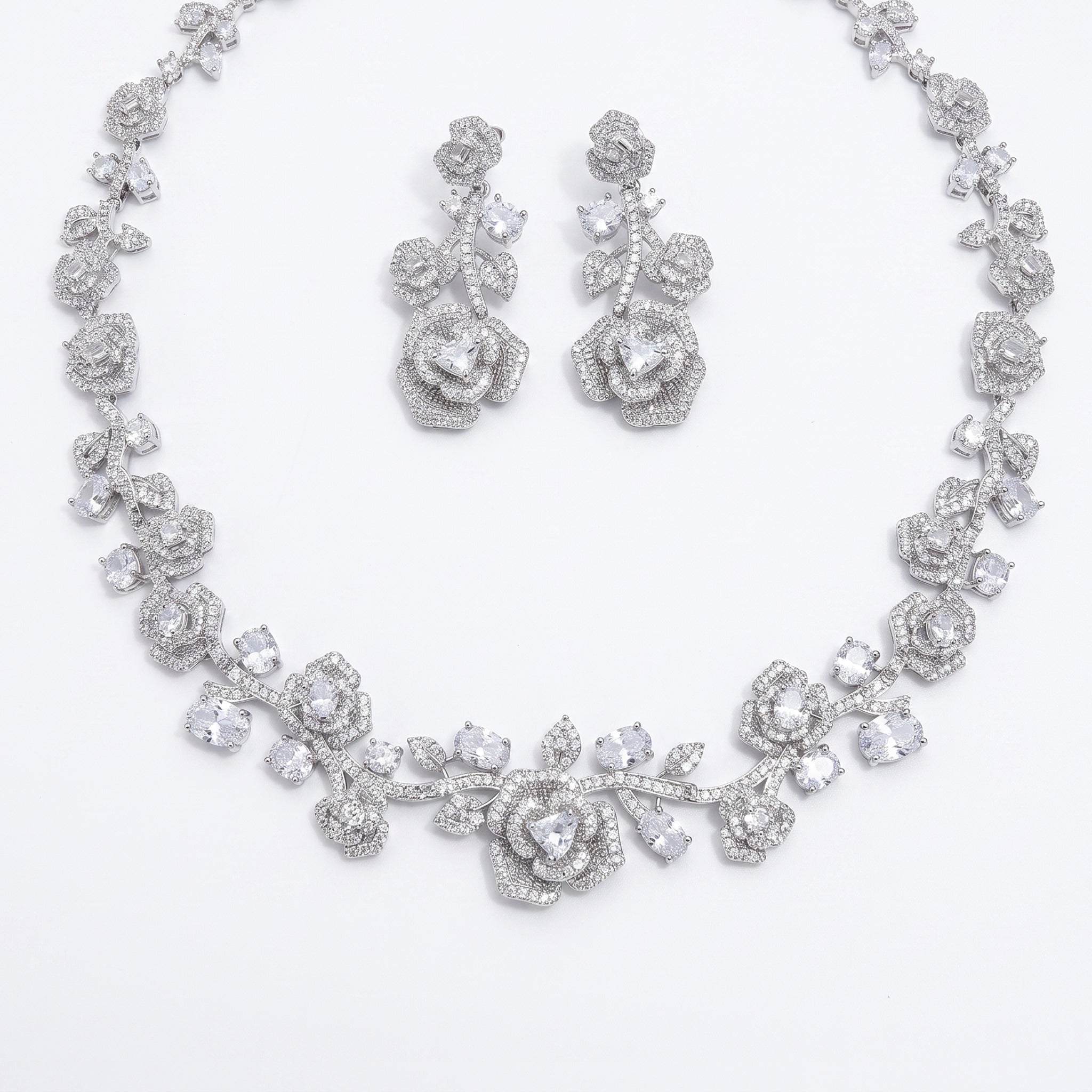 Luxury Rose Floral Bridal Jewelry Set Elegant Statement Necklace & Drop Earrings Duo | LUNA-X123