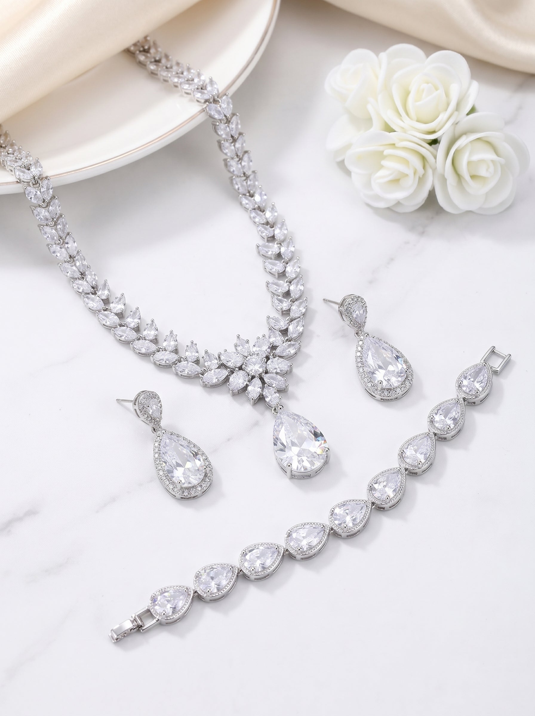 Imperial Teardrop and Marquise Bridal Jewelry Set Luxury Statement Necklace, Chandelier Earrings, and Tennis Bracelet | Premium 3-Piece Wedding Banquet Ensemble | LUNA-X130