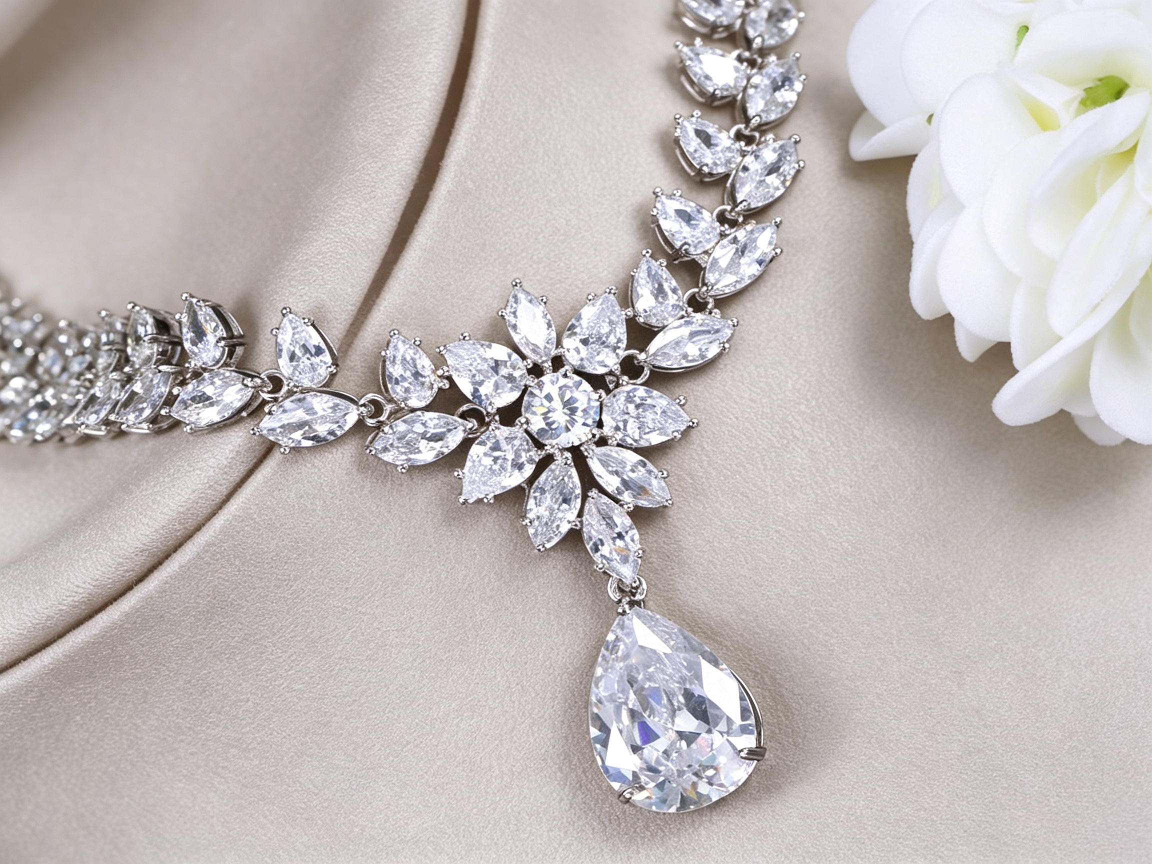 Imperial Teardrop and Marquise Bridal Jewelry Set Luxury Statement Necklace, Chandelier Earrings, and Tennis Bracelet | Premium 3-Piece Wedding Banquet Ensemble | LUNA-X130