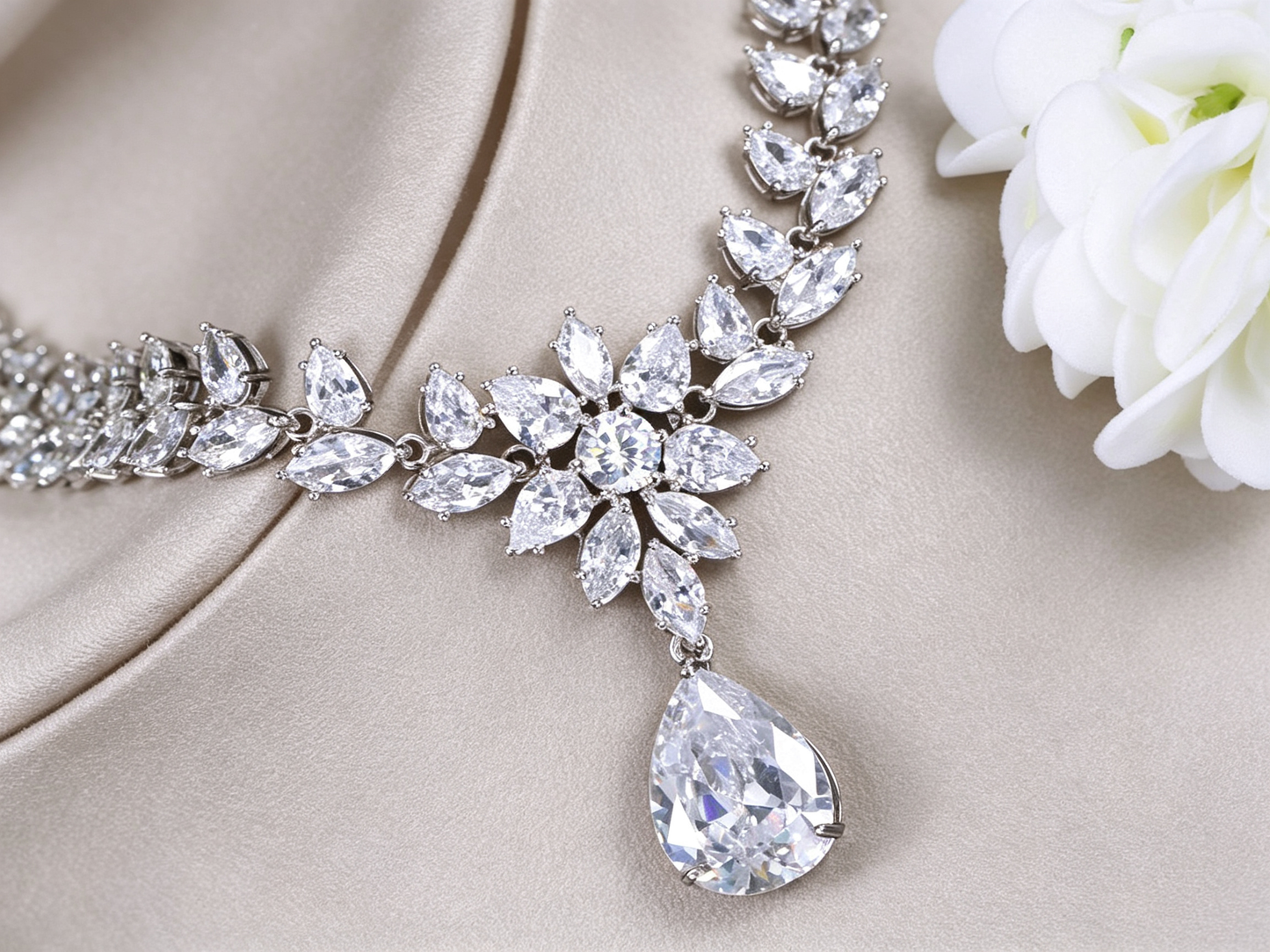 Imperial Teardrop and Marquise Bridal Jewelry Set Luxury Statement Necklace, Chandelier Earrings, and Tennis Bracelet | Premium 3-Piece Wedding Banquet Ensemble | LUNA-X130