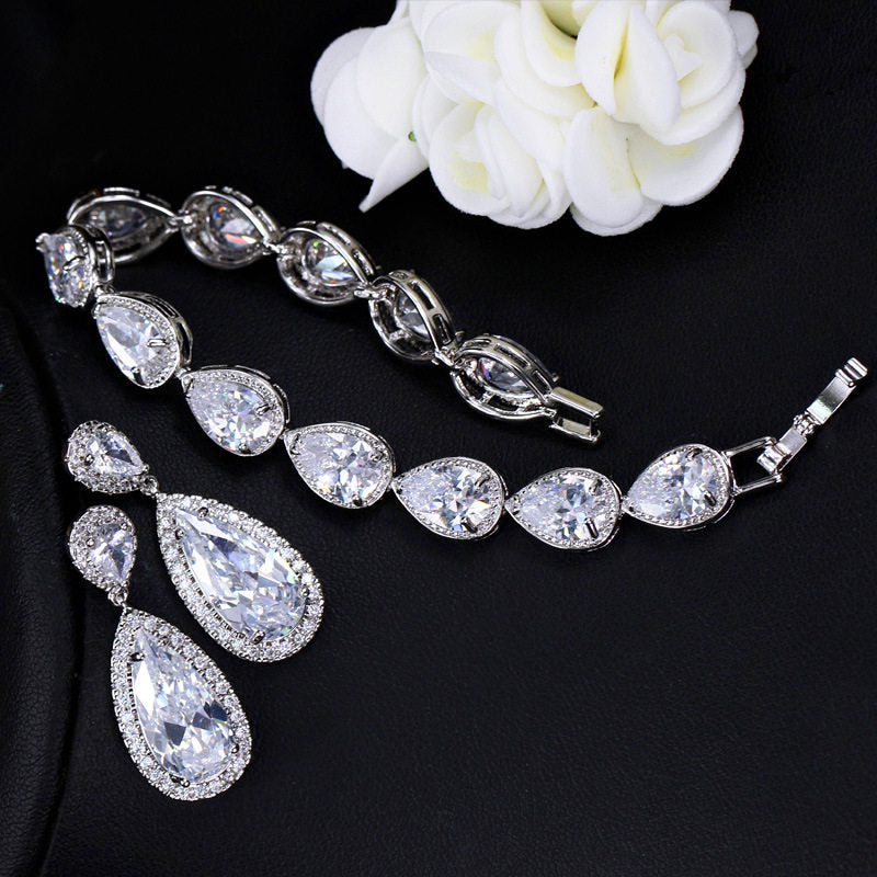 Imperial Teardrop and Marquise Bridal Jewelry Set Luxury Statement Necklace, Chandelier Earrings, and Tennis Bracelet | Premium 3-Piece Wedding Banquet Ensemble | LUNA-X130