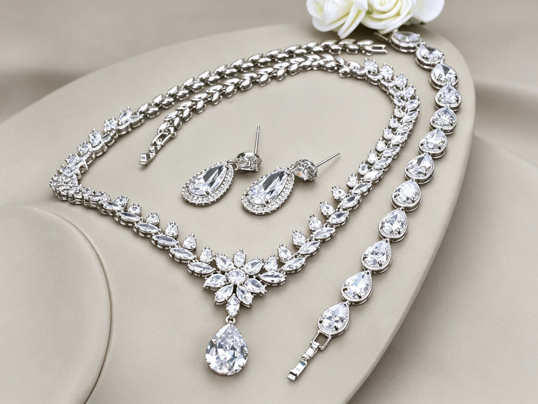 Imperial Teardrop and Marquise Bridal Jewelry Set Luxury Statement Necklace, Chandelier Earrings, and Tennis Bracelet | Premium 3-Piece Wedding Banquet Ensemble | LUNA-X130