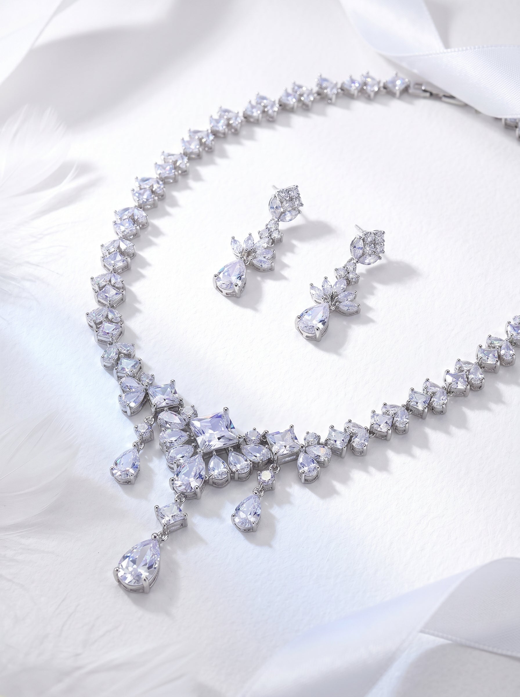 Adella Royal Cascade Bridal Necklace & Earring Set AAA Zircon Premium Plated Statement Jewelry Duo | LUNA-X142