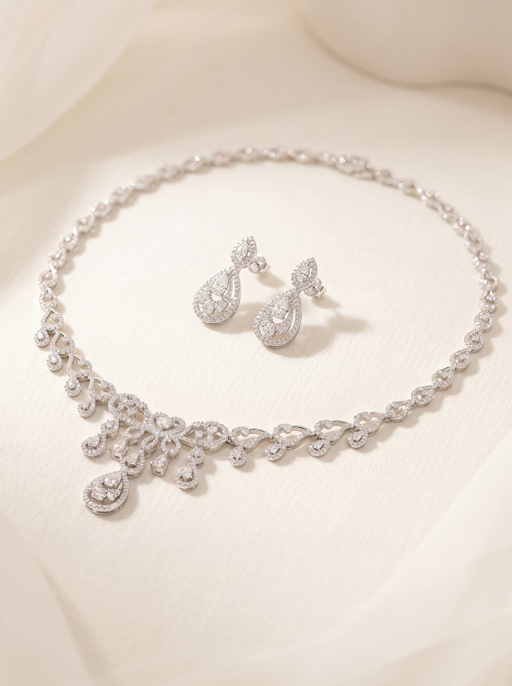 Royal Scroll Teardrop Bridal Necklace & Earring Set AAA Zircon Statement Jewelry Duo | LUNA-X143