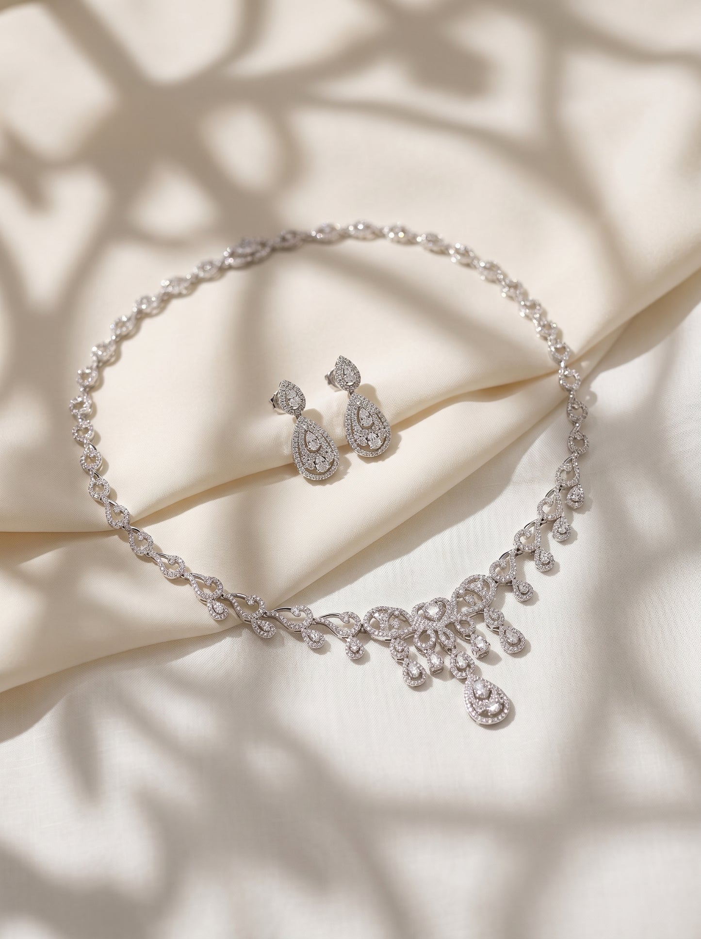 Royal Scroll Teardrop Bridal Necklace & Earring Set AAA Zircon Statement Jewelry Duo | LUNA-X143
