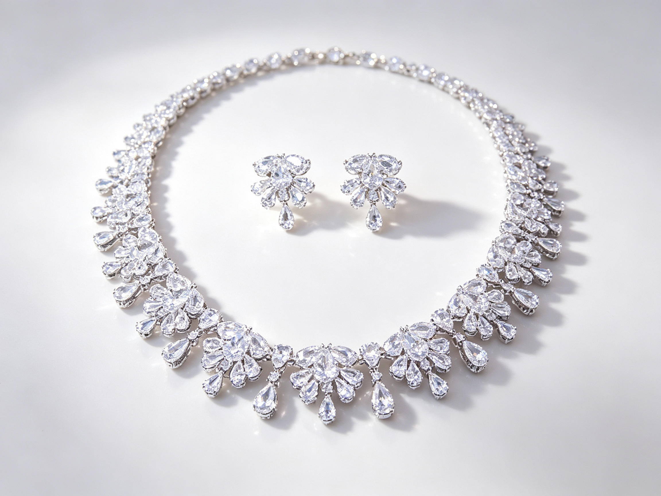 Elegant Leaf-Design Cubic Zirconia Bridal Necklace & Earring Set White-Tone Plated | LUNA-X144