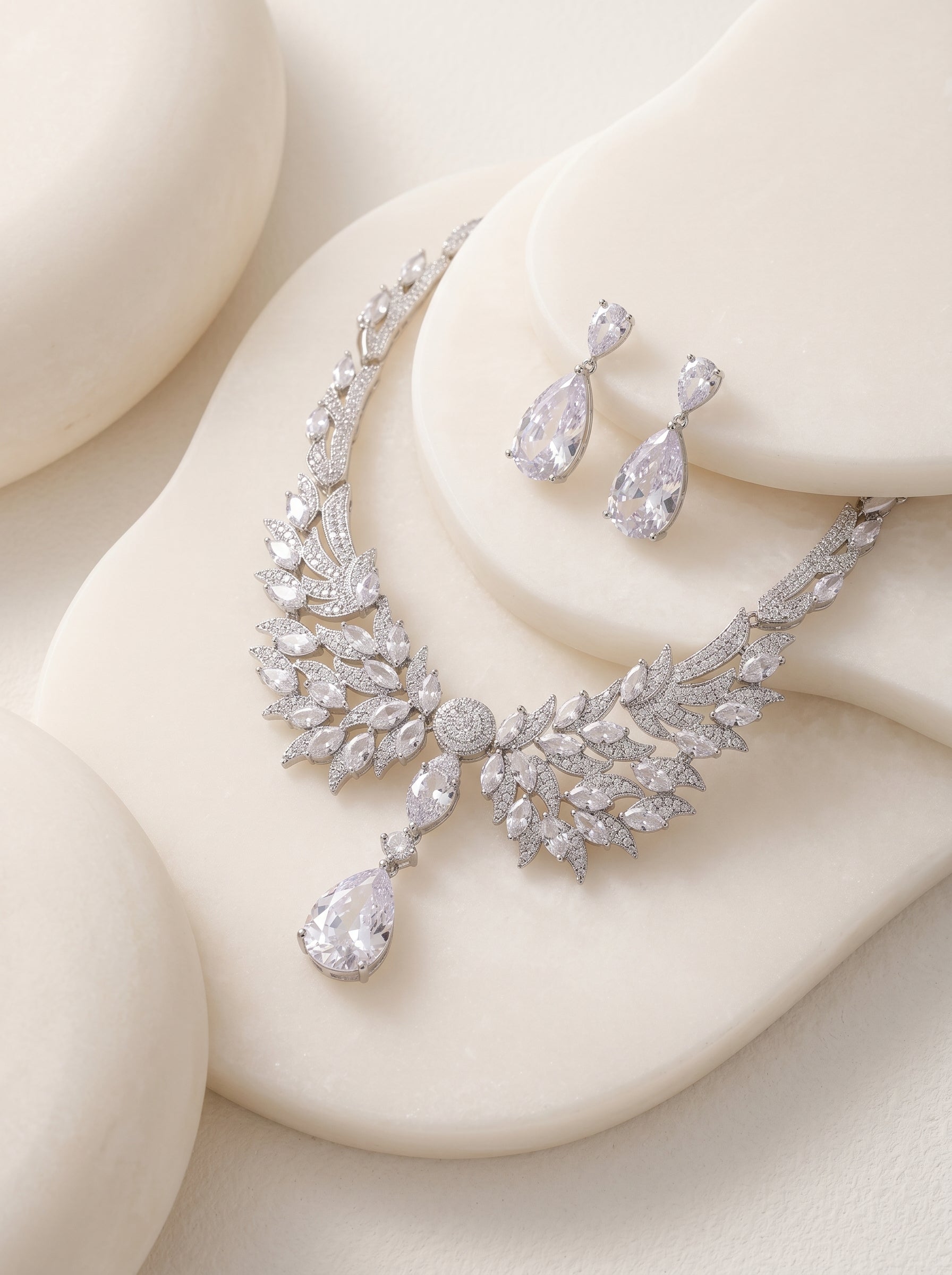 Luxury Angel Wing Zircon Necklace & Earring Set Eco-Friendly Copper Thick White-Tone Plated Bridal Evening Jewelry | LUNA-X146