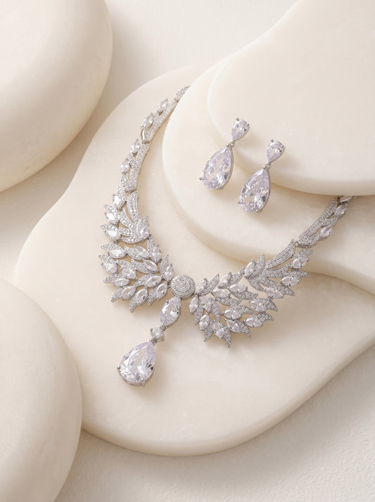 Luxury Angel Wing Zircon Necklace & Earring Set Eco-Friendly Copper Thick White-Tone Plated Bridal Evening Jewelry | LUNA-X146