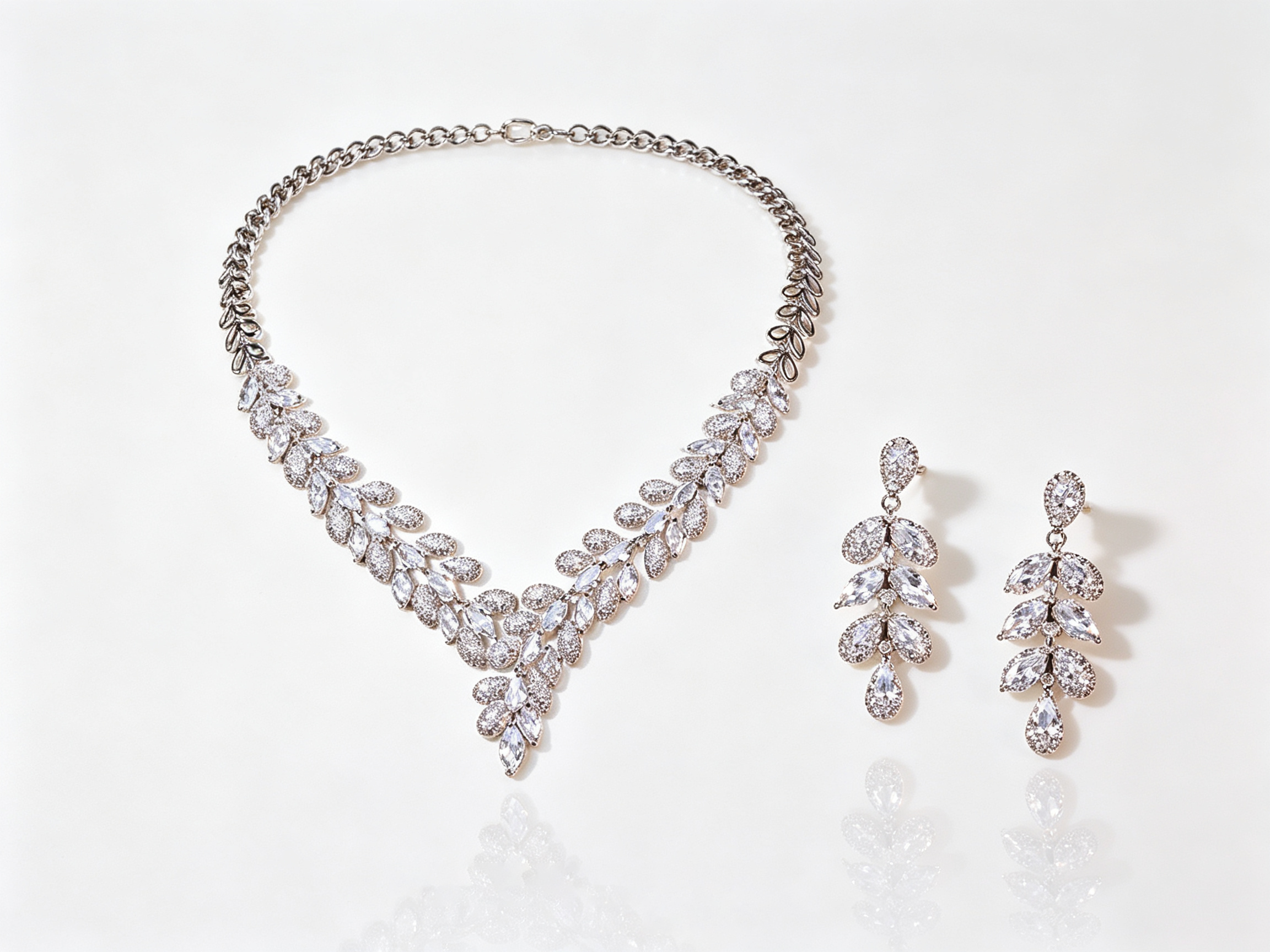 Luxury Leaf Vine V-Necklace & Earring Set Plated AAA Zircon Bridal Jewelry | LUNA-X147