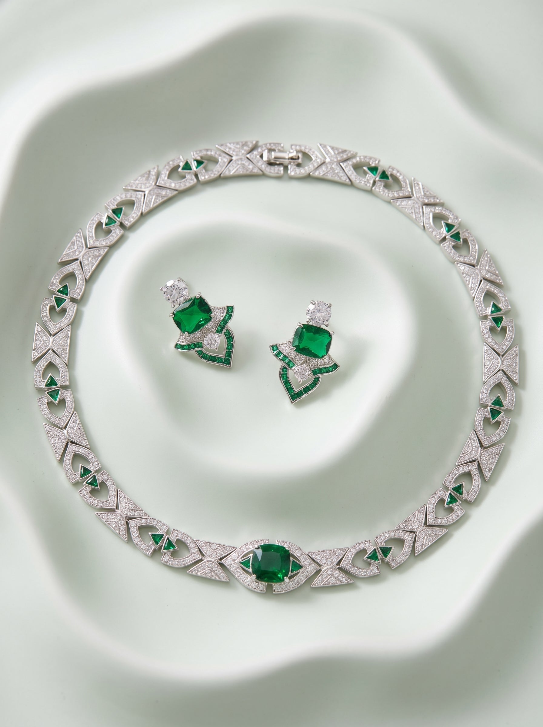Luxury Emerald Choker Necklace & Earring Set Gold-Plated Full Zircon Vintage Evening Jewelry | LUNA-X149