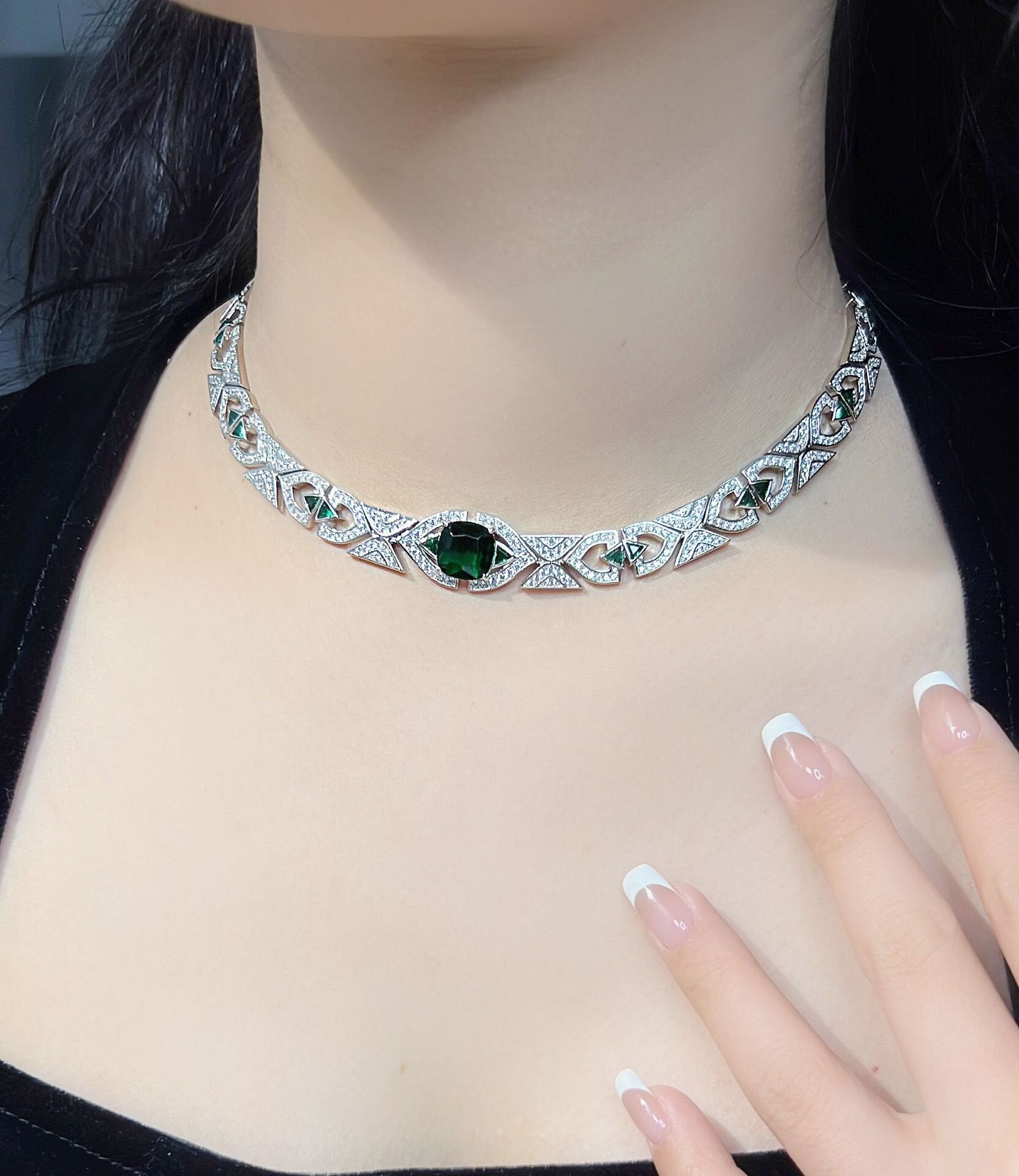 Luxury Emerald Choker Necklace & Earring Set Gold-Plated Full Zircon Vintage Evening Jewelry | LUNA-X149