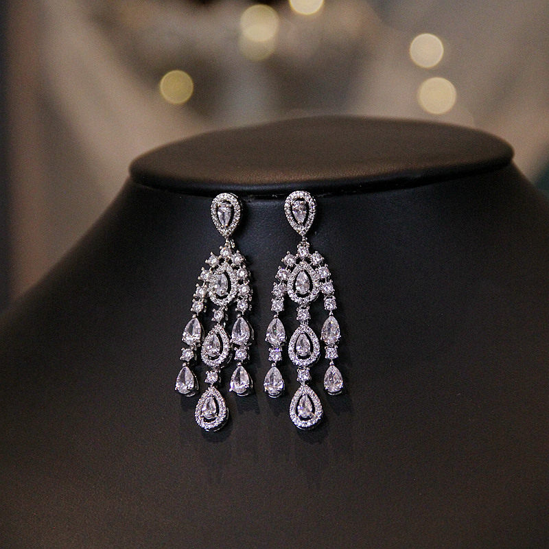 Luxury Full Zircon Fringe Necklace & Earring Set Handmade Precision Prong Setting AAA Zircon Bridal Jewelry (46cm) | LUNA-X150