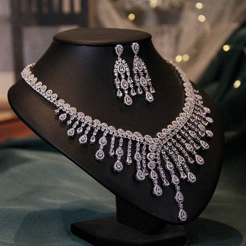 Luxury Full Zircon Fringe Necklace & Earring Set Handmade Precision Prong Setting AAA Zircon Bridal Jewelry (46cm) | LUNA-X150