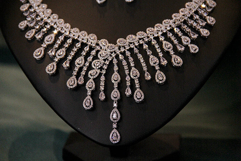 Luxury Full Zircon Fringe Necklace & Earring Set Handmade Precision Prong Setting AAA Zircon Bridal Jewelry (46cm) | LUNA-X150