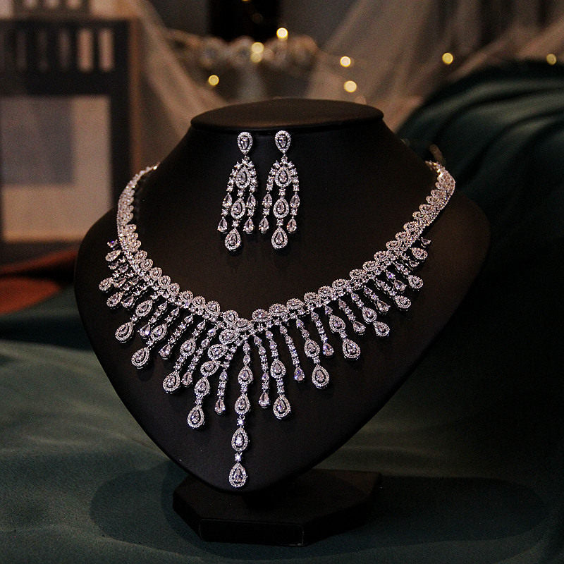 Luxury Full Zircon Fringe Necklace & Earring Set Handmade Precision Prong Setting AAA Zircon Bridal Jewelry (46cm) | LUNA-X150