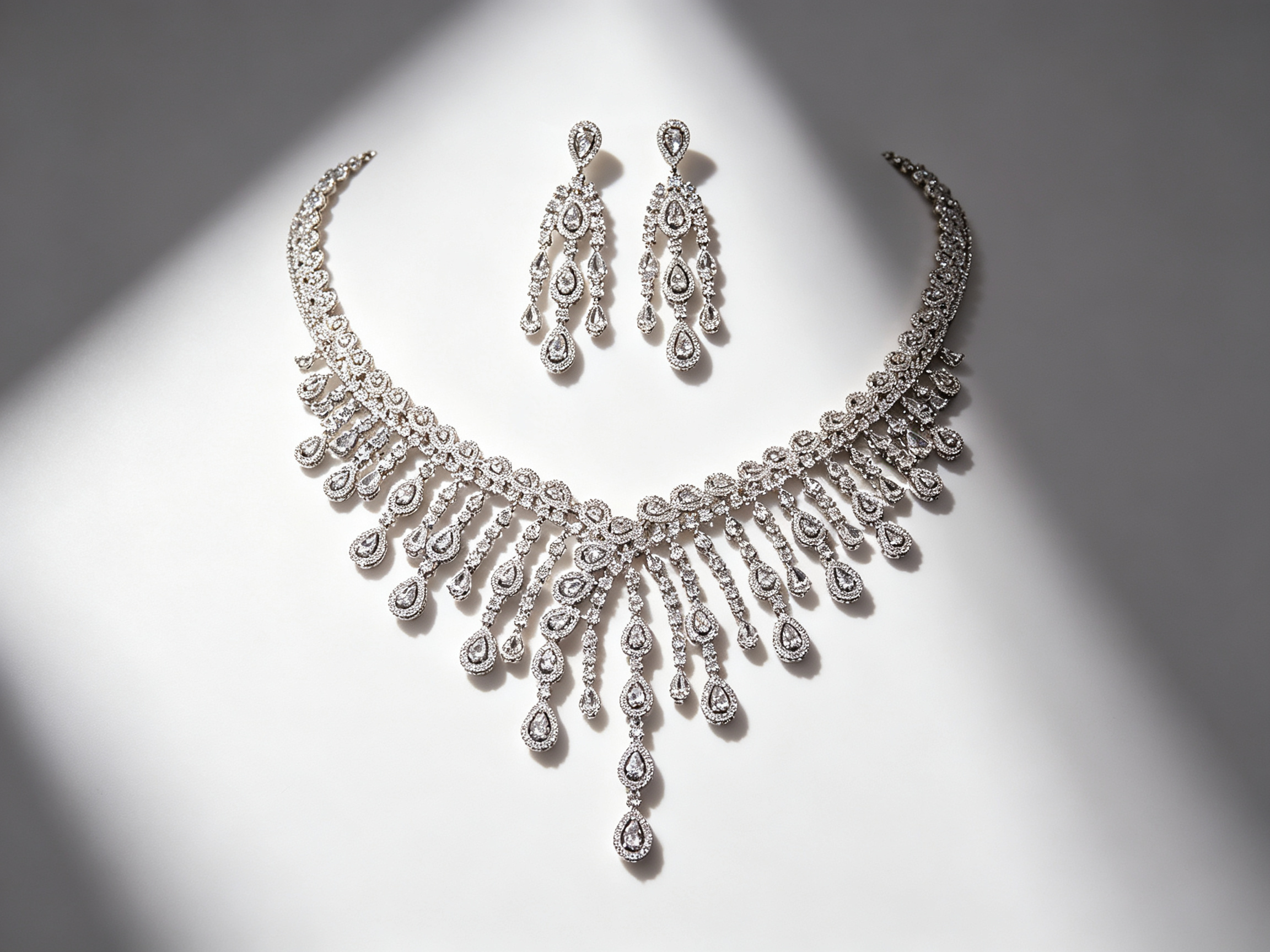 Luxury Full Zircon Fringe Necklace & Earring Set Handmade Precision Prong Setting AAA Zircon Bridal Jewelry (46cm) | LUNA-X150