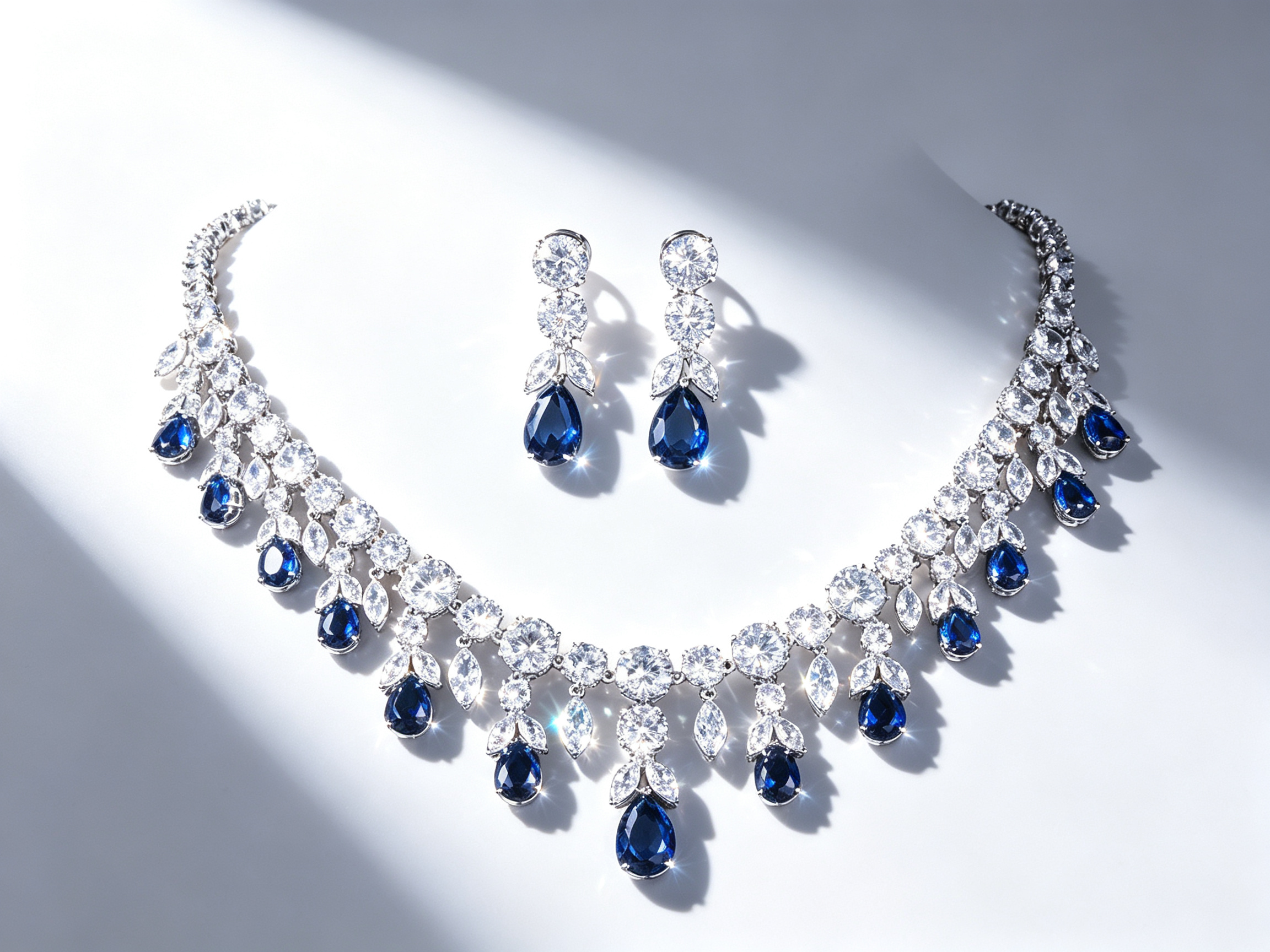MOMZ Royal Sapphire Style Plated Necklace & Earring Set AAA Zircon Luxury Evening Jewelry | LUNA-X152
