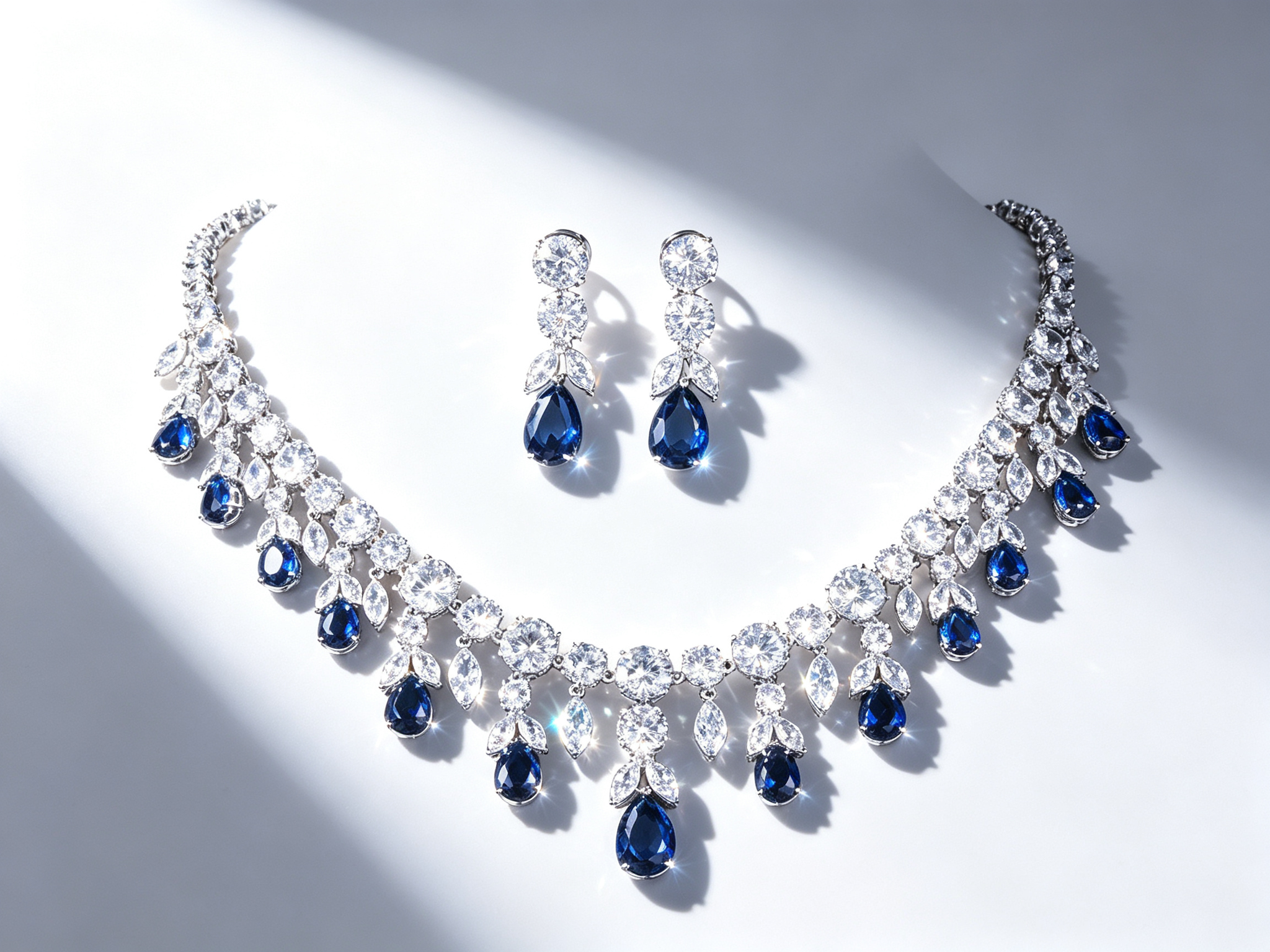 MOMZ Royal Sapphire Style Plated Necklace & Earring Set AAA Zircon Luxury Evening Jewelry | LUNA-X152
