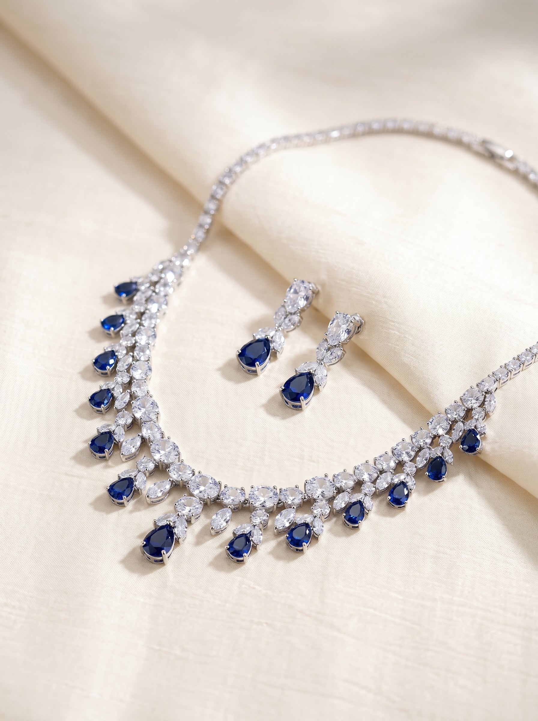 MOMZ Royal Sapphire Style Plated Necklace & Earring Set AAA Zircon Luxury Evening Jewelry | LUNA-X152