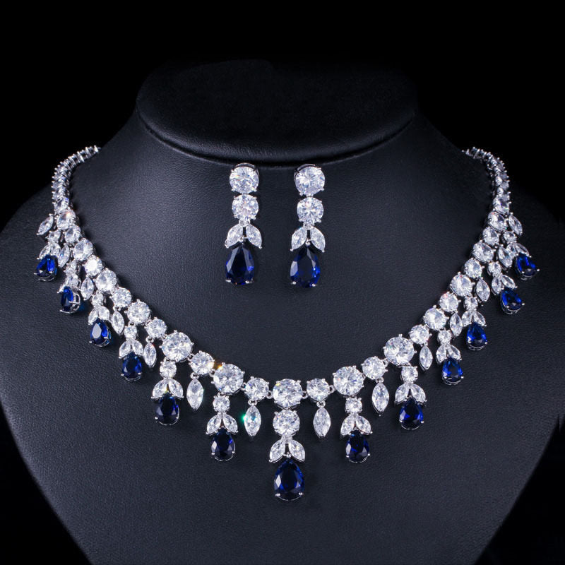 MOMZ Royal Sapphire Style Plated Necklace & Earring Set AAA Zircon Luxury Evening Jewelry | LUNA-X152
