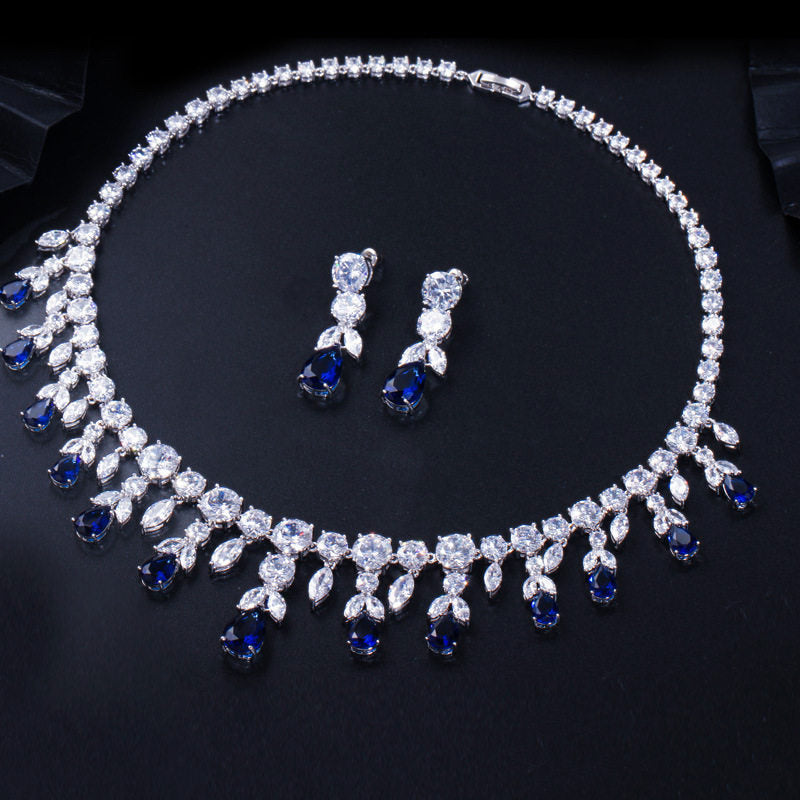 MOMZ Royal Sapphire Style Plated Necklace & Earring Set AAA Zircon Luxury Evening Jewelry | LUNA-X152