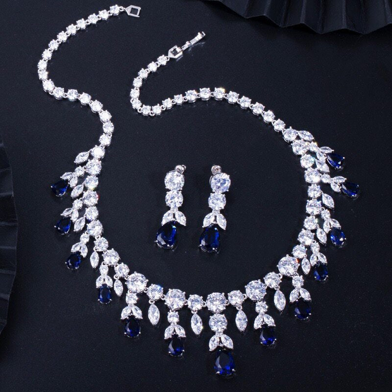 MOMZ Royal Sapphire Style Plated Necklace & Earring Set AAA Zircon Luxury Evening Jewelry | LUNA-X152
