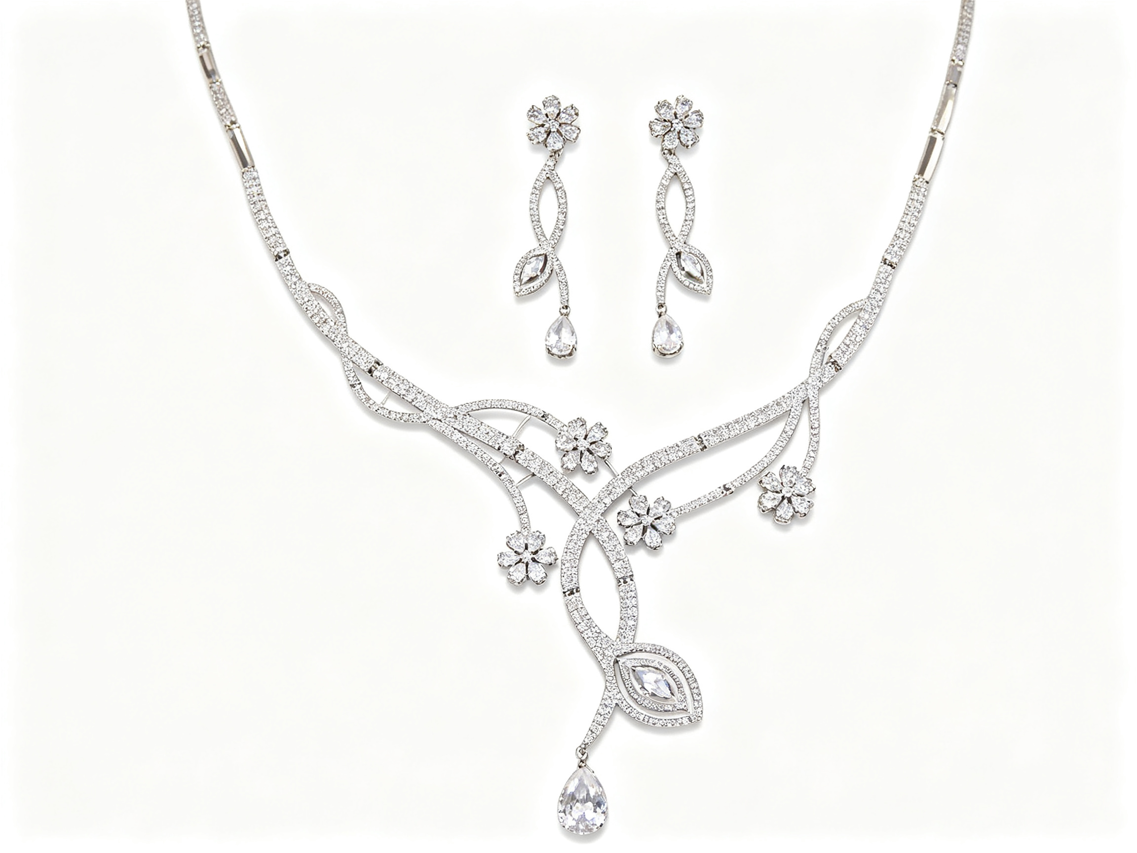 Luxury Marquise Zircon Ice Cascade Bridal Jewelry Set White-Tone Plated Radiant Leaf Tennis Necklace & 5.2cm Dramatic Dangle Earrings Set for Wedding, Prom & Gala LUNA-X156