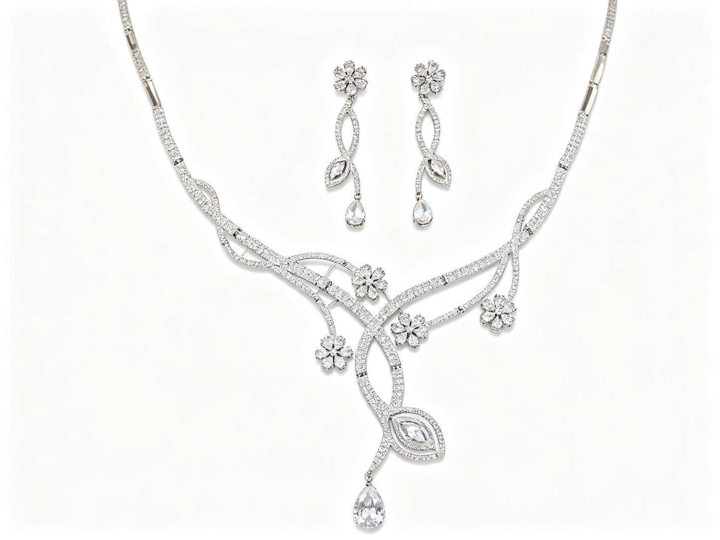 Luxury Marquise Zircon Ice Cascade Bridal Jewelry Set White-Tone Plated Radiant Leaf Tennis Necklace & 5.2cm Dramatic Dangle Earrings Set for Wedding, Prom & Gala LUNA-X156