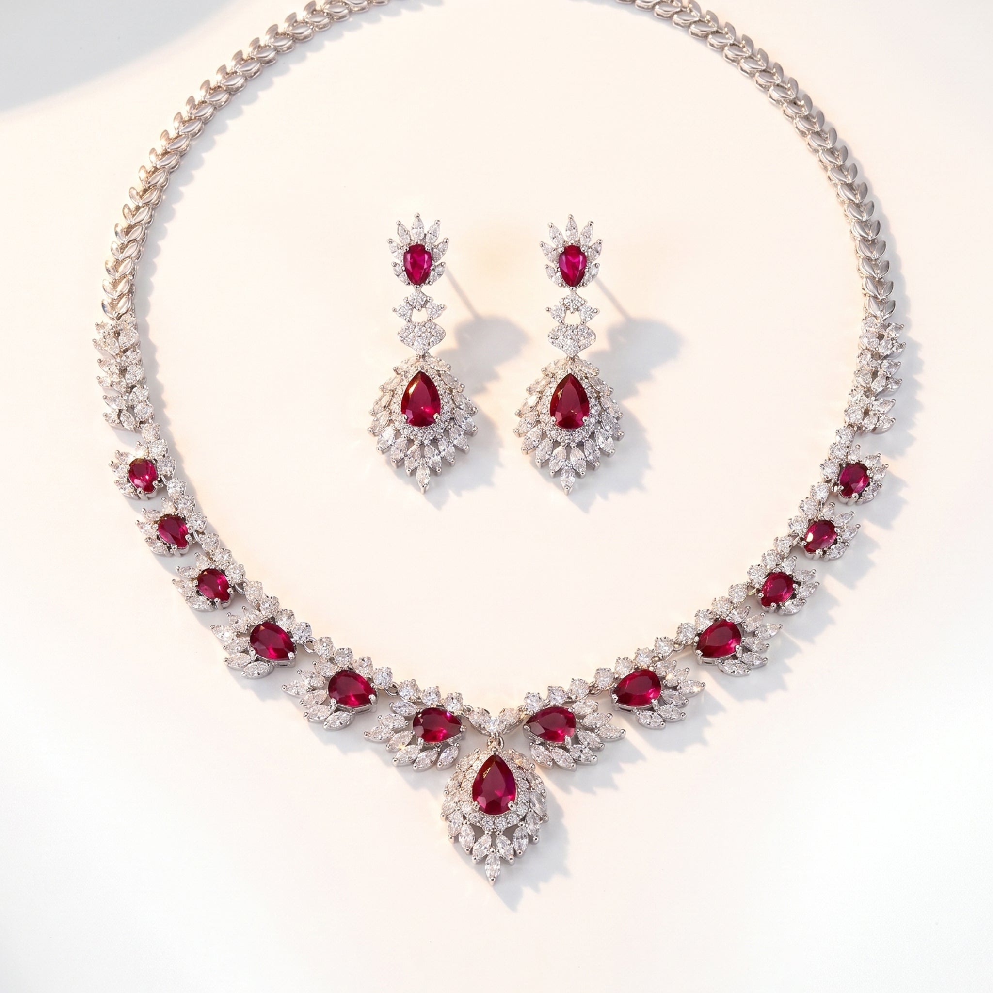Luxury Cascading Floral Bridal Jewelry Set White-Tone Plated AAA Zircon Marquise Fringe Necklace & Dangle Earrings Set for Royal Wedding, Prom & Gala | LUNA-X157