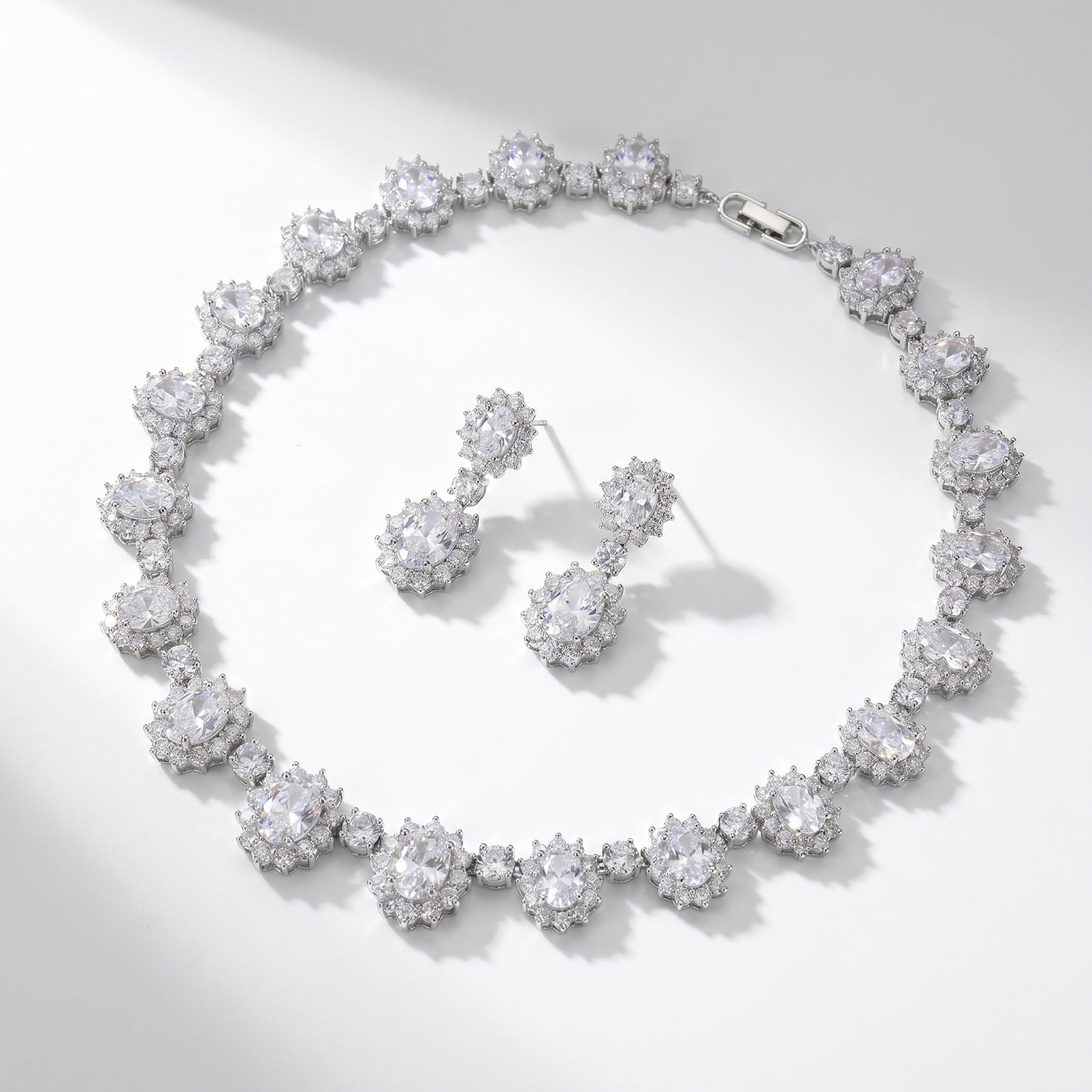 Luxury Geometric Cluster Bridal Jewelry Set White-Tone Plated AAA Zircon Marquise Tennis Necklace & Fluid Drop Earrings Duo for Wedding, Prom & Gala | LUNA-X158