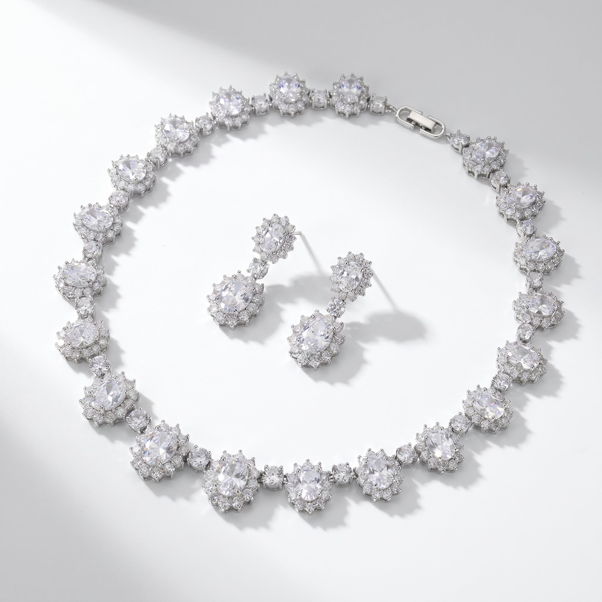 Luxury Geometric Cluster Bridal Jewelry Set White-Tone Plated AAA Zircon Marquise Tennis Necklace & Fluid Drop Earrings Duo for Wedding, Prom & Gala | LUNA-X158