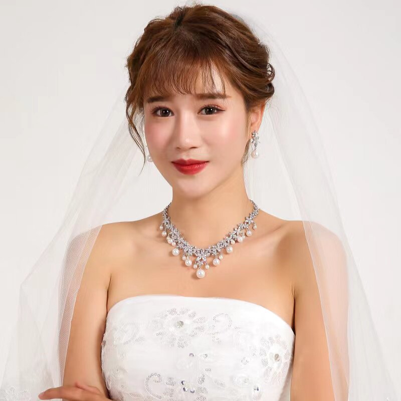 Luxury Marquise Zircon Wheat Ear Bridal Jewelry Set White-Tone Plated Geometric Leaf Choker Necklace & Shimmering Dangle Earrings with Hypoallergenic Pins LUNA-X159
